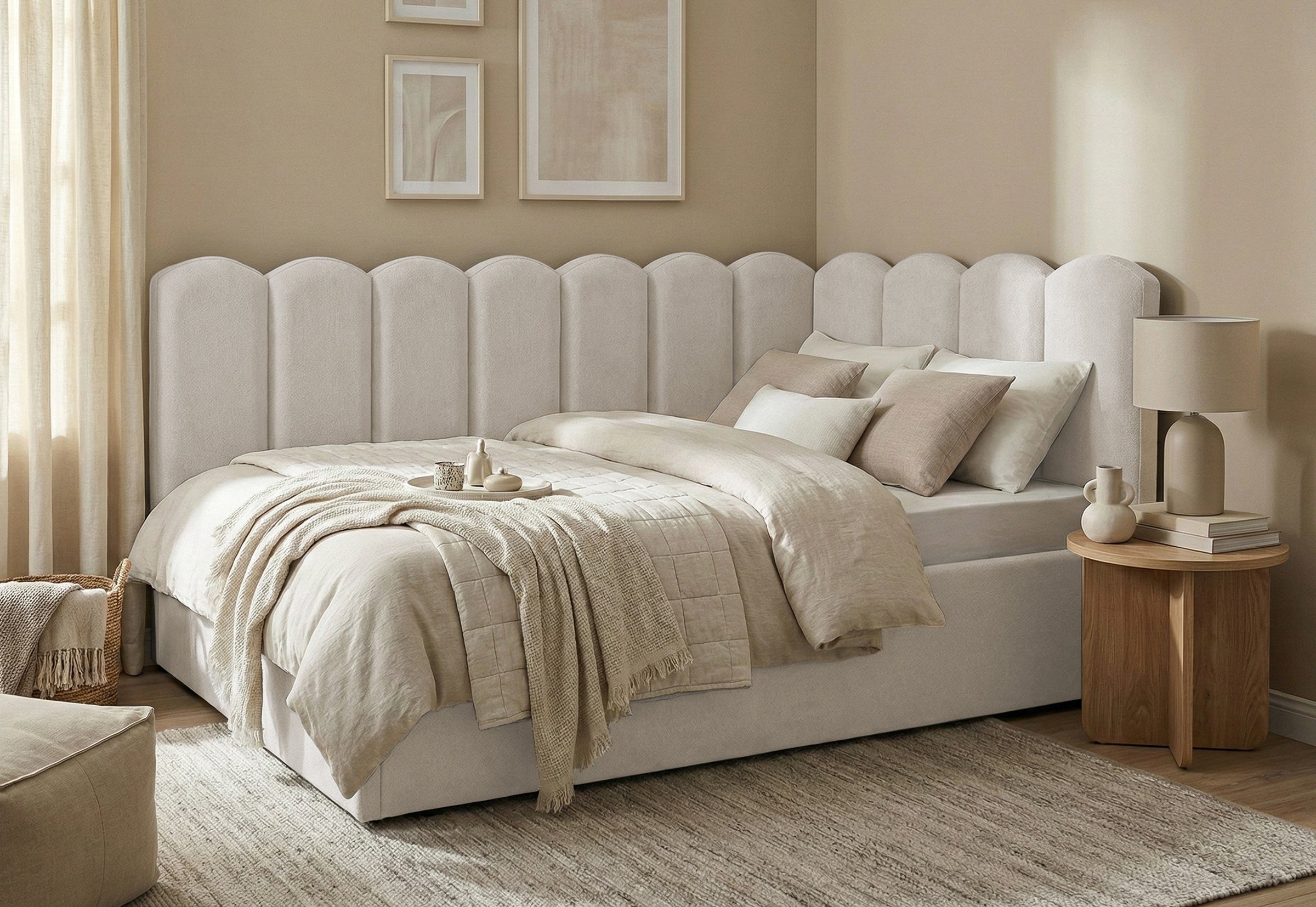 Pat Tapițat Princess de colț, cu somieră rabatabilă și ladă depozitare, 120X200 cm, Stânga, Crem - Outlet