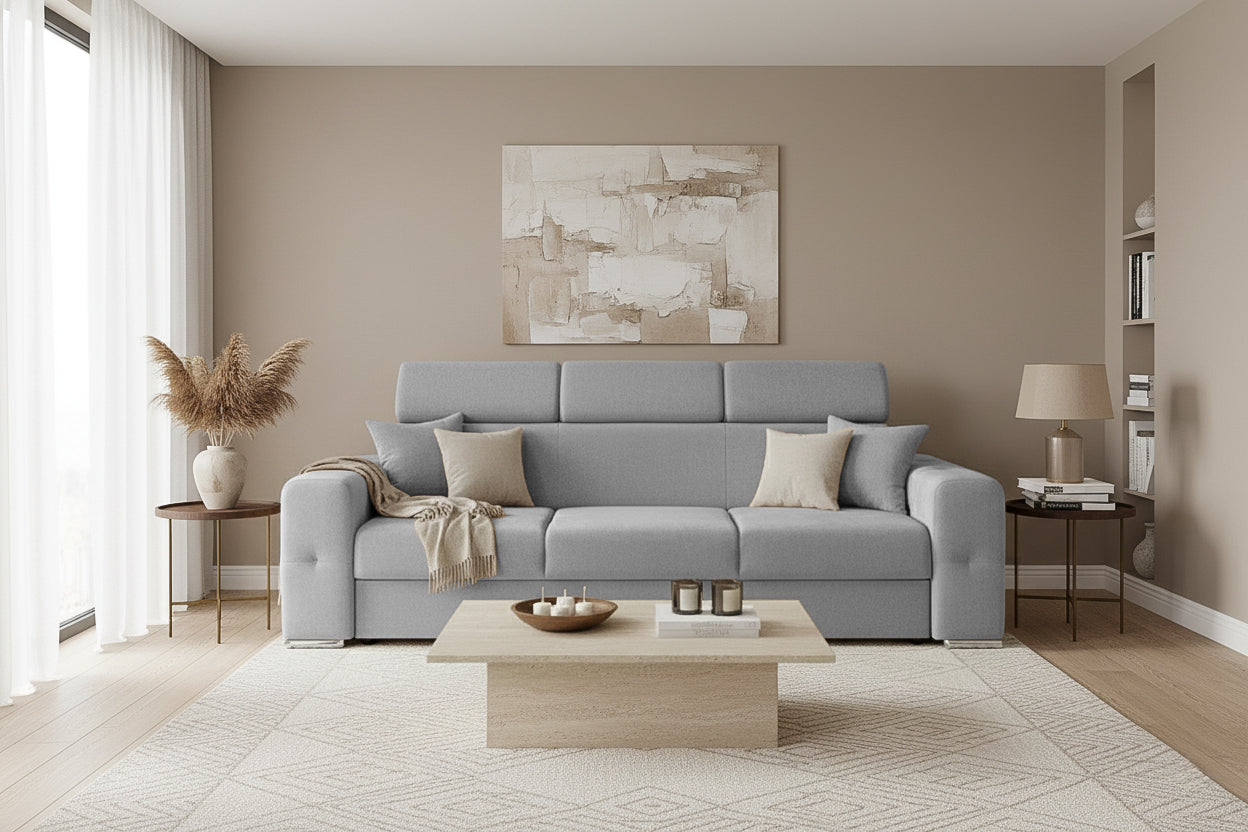 Canapea Extensibila 3 locuri BELLAGIO, cu tetiere, 235x95x85 cm - Prestigehome.ro - Canapea 3 Locuri - Prestige - #color_Gri-Deschis-Enjoy