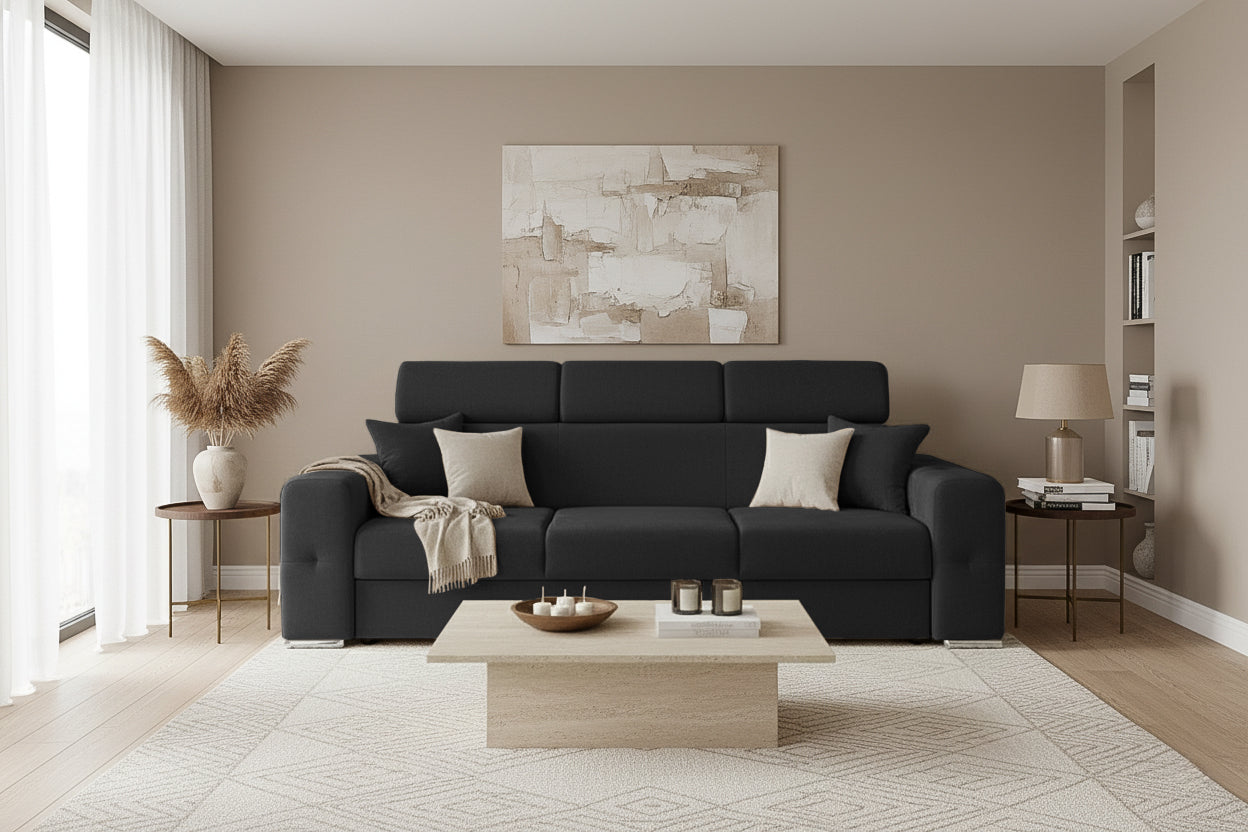 Canapea Extensibila 3 locuri BELLAGIO, cu tetiere, 235x95x85 cm - Prestigehome.ro - Canapea 3 Locuri - Prestige - #color_negru-enjoy