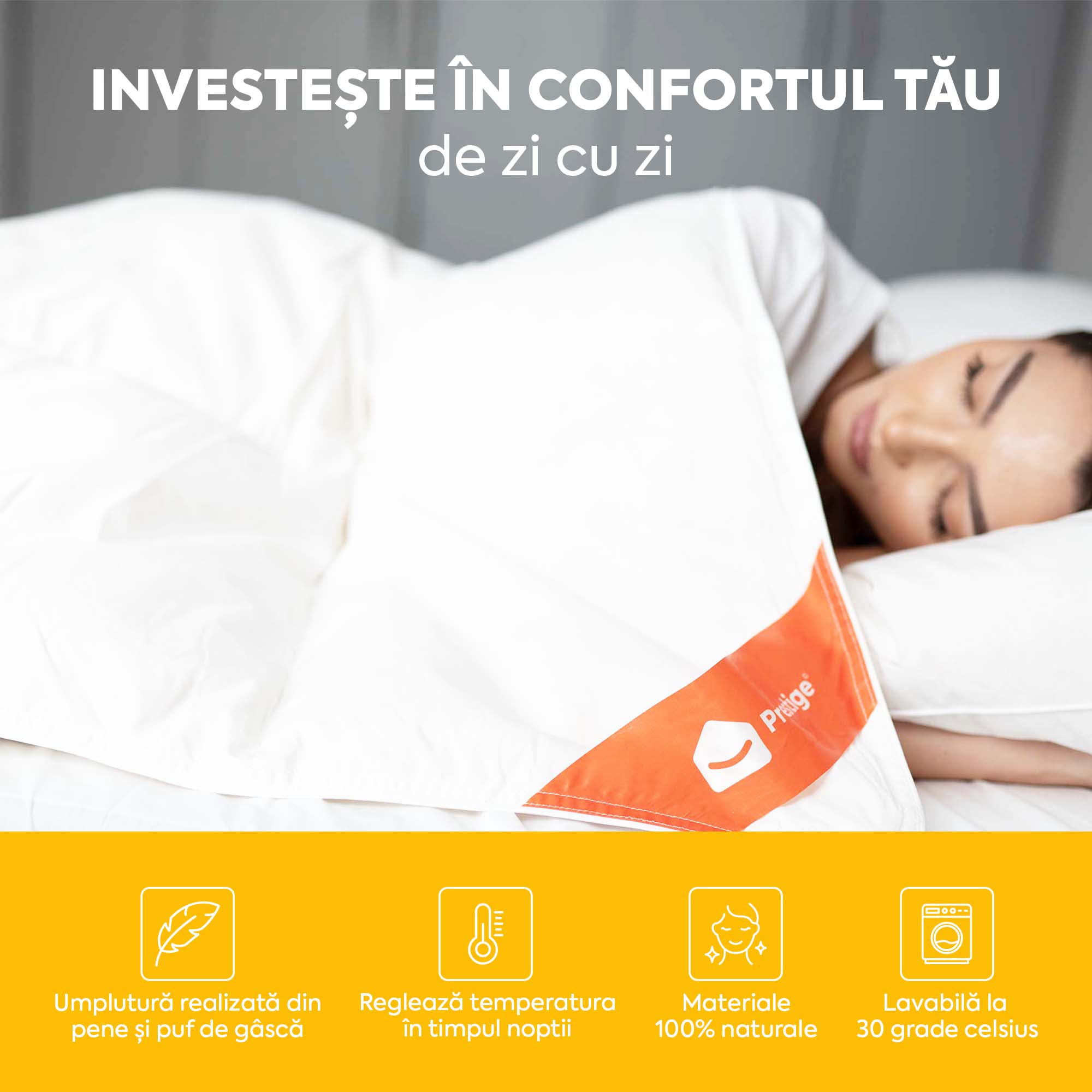 Pilotă Deluxe, 4 anotimpuri, cu pene și puf de gâscă, husă bumbac, 140x200 cm-Pilotă-Prestige Home-Prestige Home