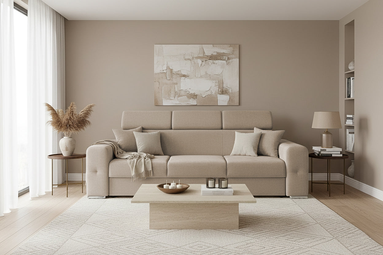 Canapea Extensibila 3 locuri BELLAGIO, cu tetiere, 235x95x85 cm - Prestigehome.ro - Canapea 3 Locuri - Prestige - #color_bej-enjoy