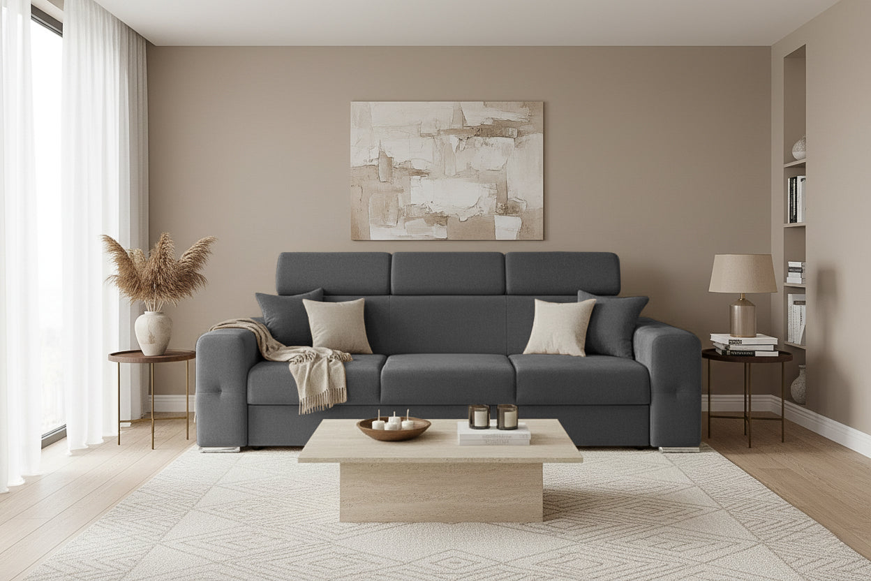 Canapea Extensibila 3 locuri BELLAGIO, cu tetiere, 235x95x85 cm - Prestigehome.ro - Canapea 3 Locuri - Prestige - #color_gri-inchis-enjoy