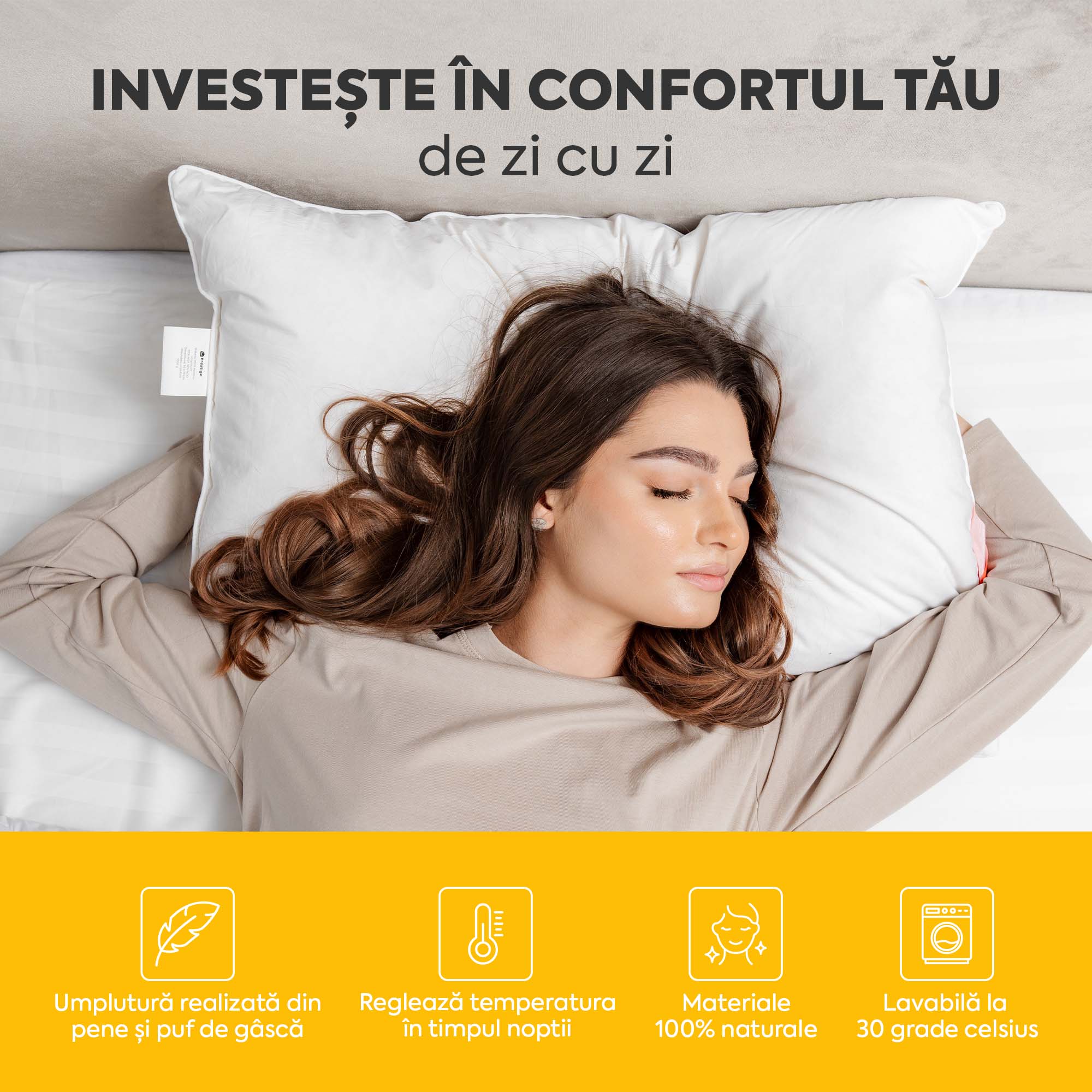 Pernă Deluxe cu pene și puf de gâscă, husă bumbac, 50x70 cm-Pernă-Prestige Home-Prestige Home