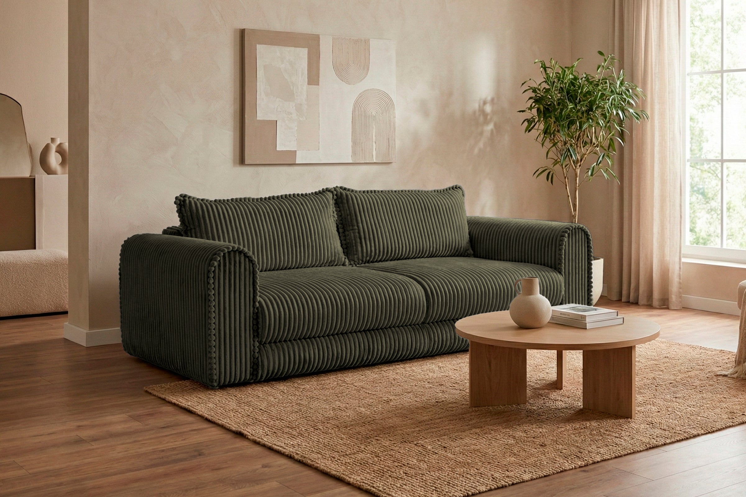 Canapea Extensibilă 3 locuri FELLINI, cu ladă depozitare, 243x108x90 cm, #color_Verde-Olive-Tilia