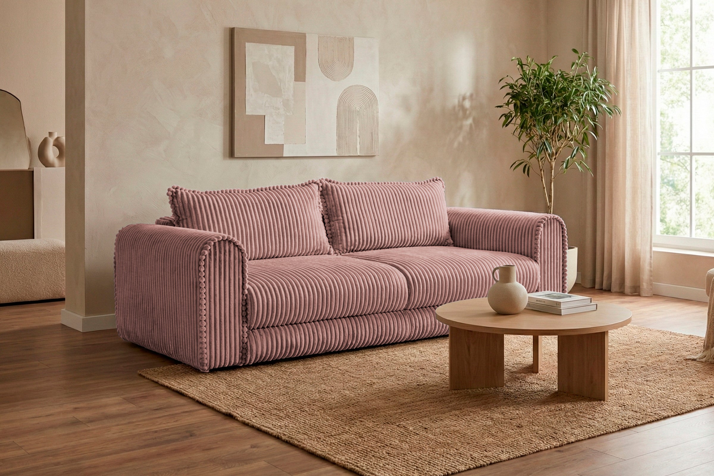 Canapea Extensibilă 3 locuri FELLINI, cu ladă depozitare, 243x108x90 cm, #color_Roz-Tilia