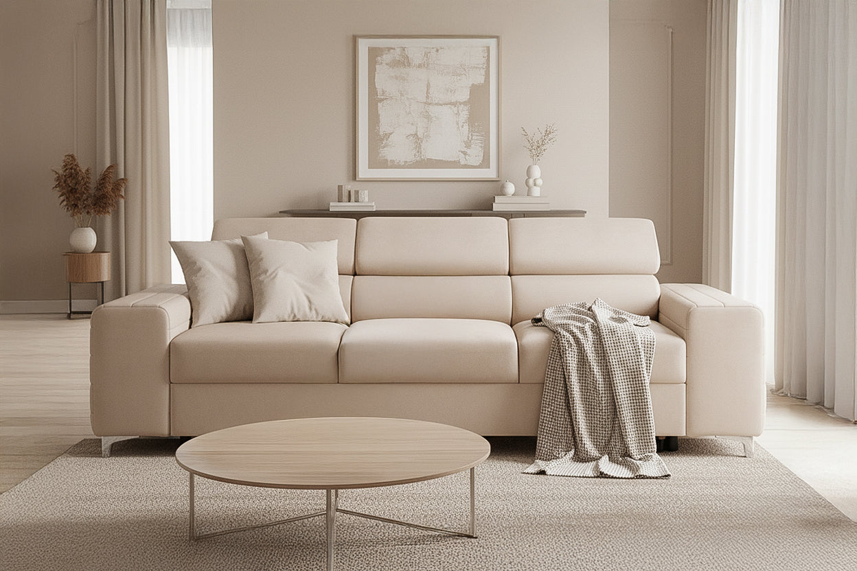 Canapea Extensibilă 3 locuri TIME, cu tetiere reglabile, cu suport lombar, 255x97x94 cm #color_Bej-Velluto