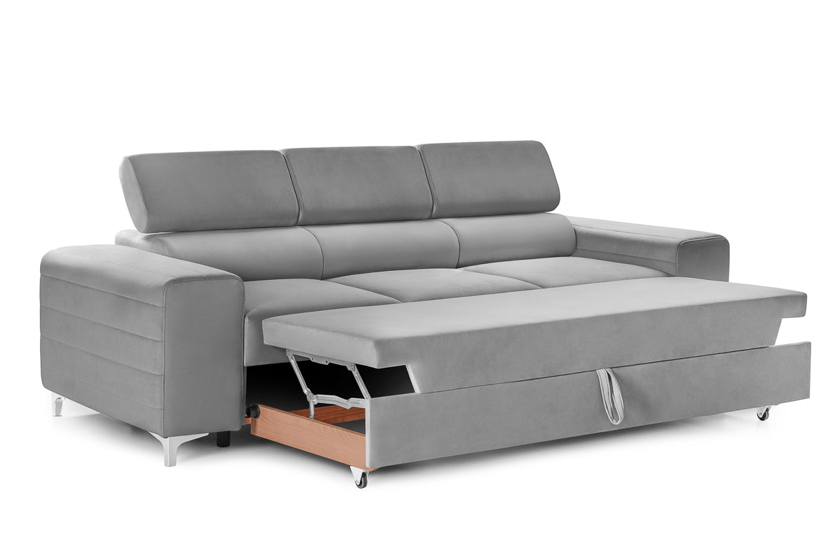 Canapea Extensibilă 3 locuri TIME, cu tetiere reglabile, cu suport lombar, 255x97x94 cm #color_Gri-Silver-Velluto