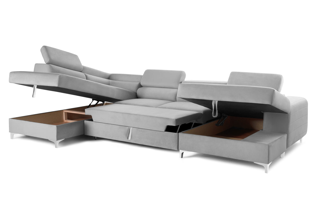 Colțar Extensibil, în formă de U, TIME, cu 2 lăzi de depozitare, cu tetiere reglabile, 360x220x95 cm #color_Gri-Silver-Velluto