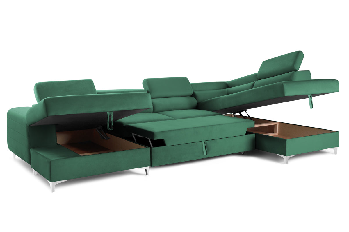 Colțar Extensibil, în formă de U, TIME, cu 2 lăzi de depozitare, cu tetiere reglabile, 360x220x95 cm #color_Verde-Padure-Velluto