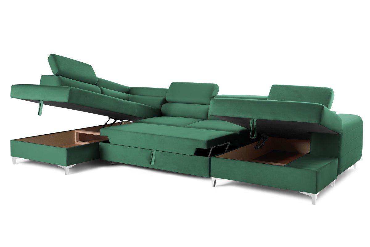 Colțar Extensibil, în formă de U, TIME, cu 2 lăzi de depozitare, cu tetiere reglabile, 360x220x95 cm #color_Verde-Padure-Velluto