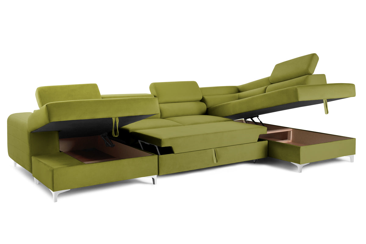 Colțar Extensibil, în formă de U, TIME, cu 2 lăzi de depozitare, cu tetiere reglabile, 360x220x95 cm #color_Verde-Olive-Velluto
