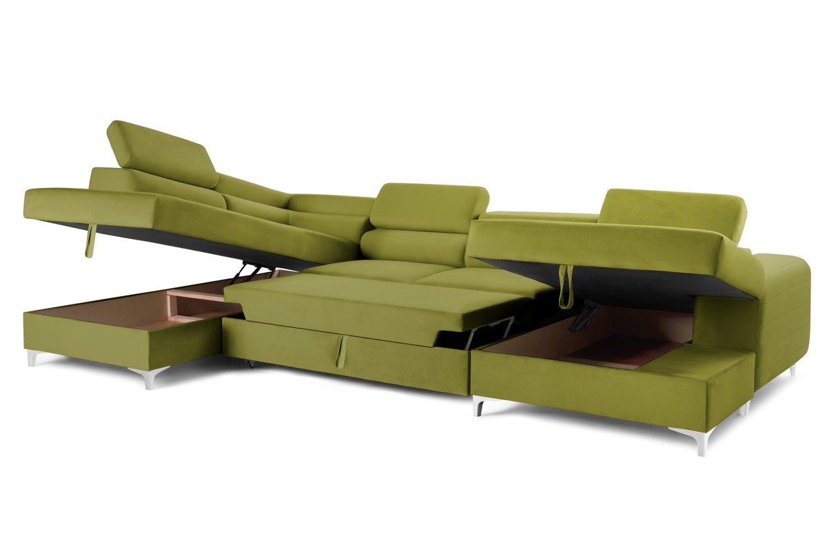 Colțar Extensibil, în formă de U, TIME, cu 2 lăzi de depozitare, cu tetiere reglabile, 360x220x95 cm #color_Verde-Olive-Velluto