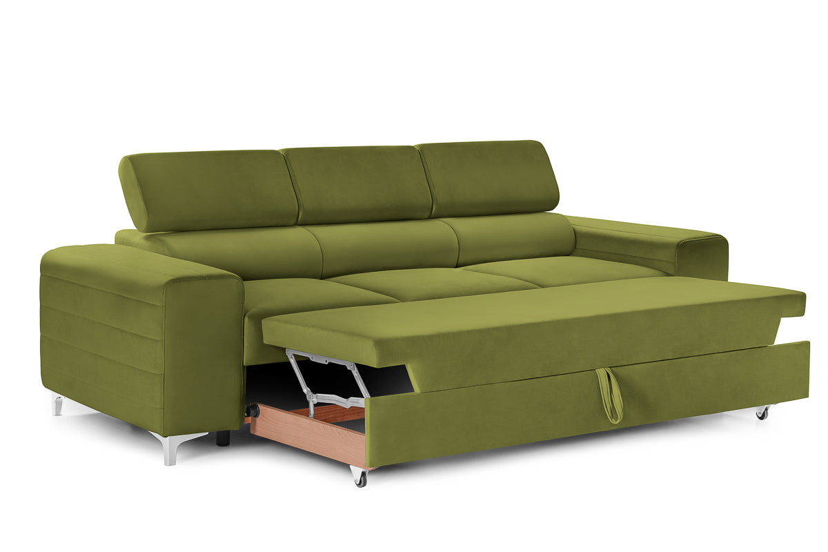 Canapea Extensibilă 3 locuri TIME, cu tetiere reglabile, cu suport lombar, 255x97x94 cm #color_Verde-Olive-Velluto