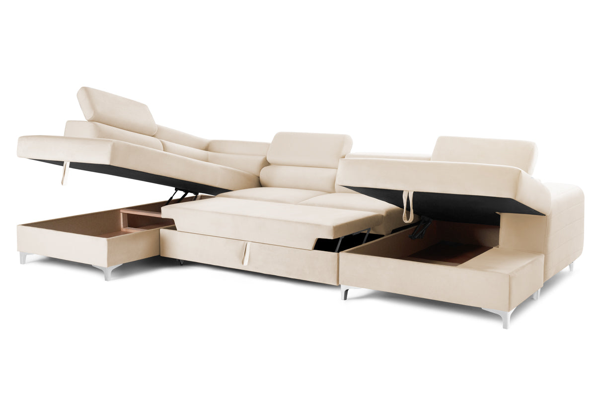 Colțar Extensibil, în formă de U, TIME, cu 2 lăzi de depozitare, cu tetiere reglabile, 360x220x95 cm #color_Bej-Velluto