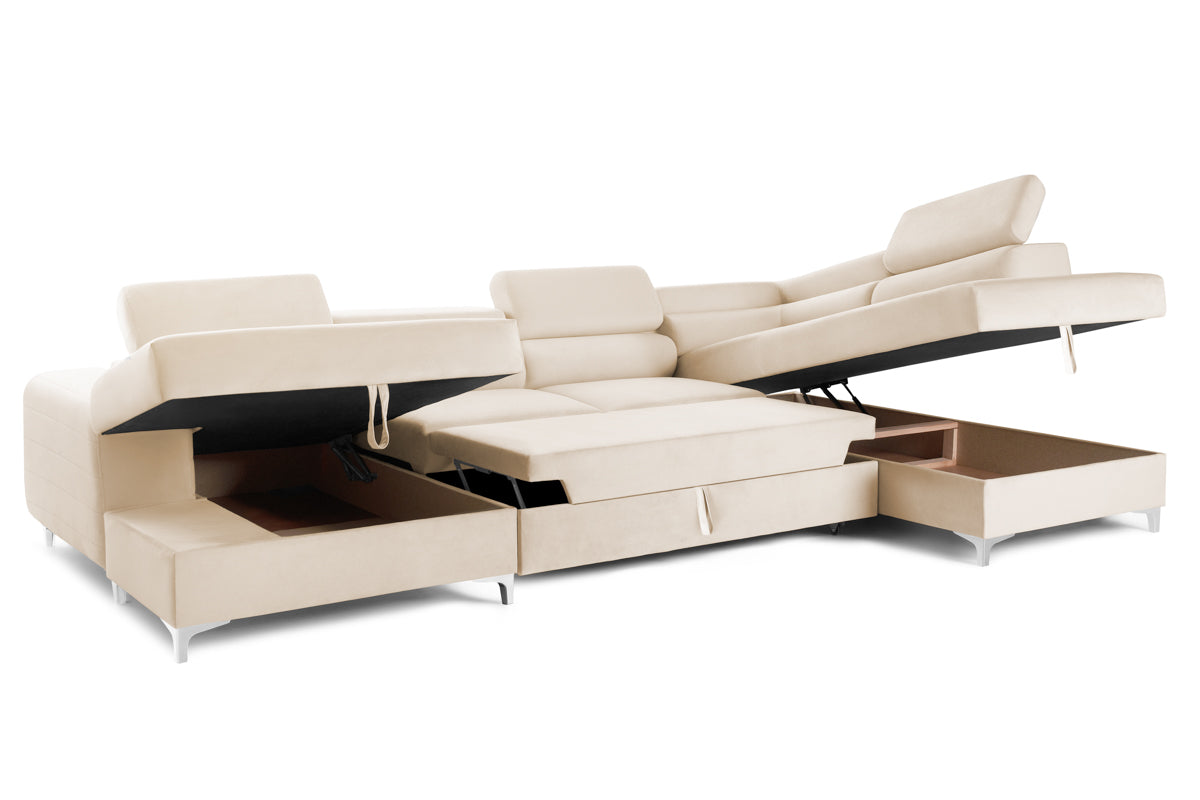 Colțar Extensibil, în formă de U, TIME, cu 2 lăzi de depozitare, cu tetiere reglabile, 360x220x95 cm #color_Bej-Velluto