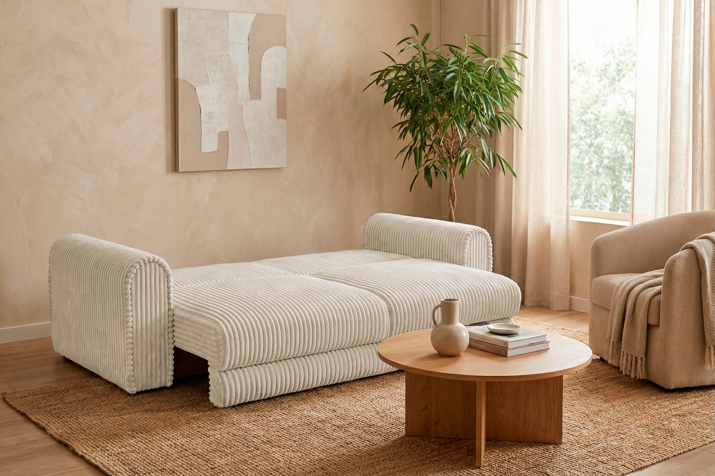 Canapea Extensibilă 3 locuri FELLINI, cu ladă depozitare, 243x108x90 cm, #color_Crem-Tilia