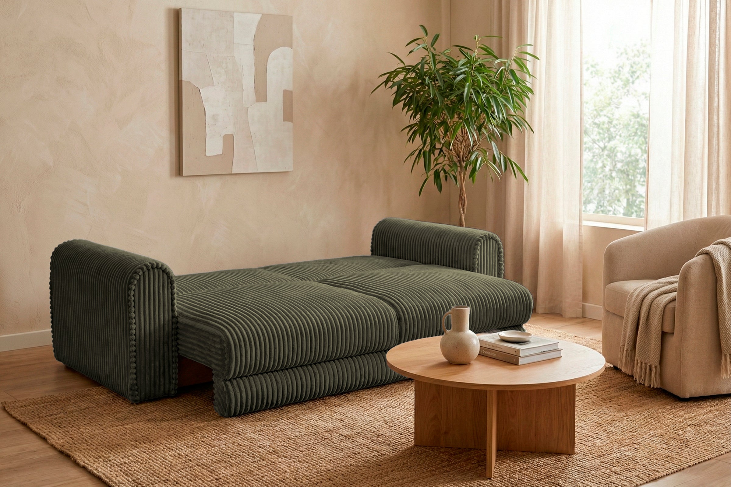 Canapea Extensibilă 3 locuri FELLINI, cu ladă depozitare, 243x108x90 cm, #color_Verde-Olive-Tilia