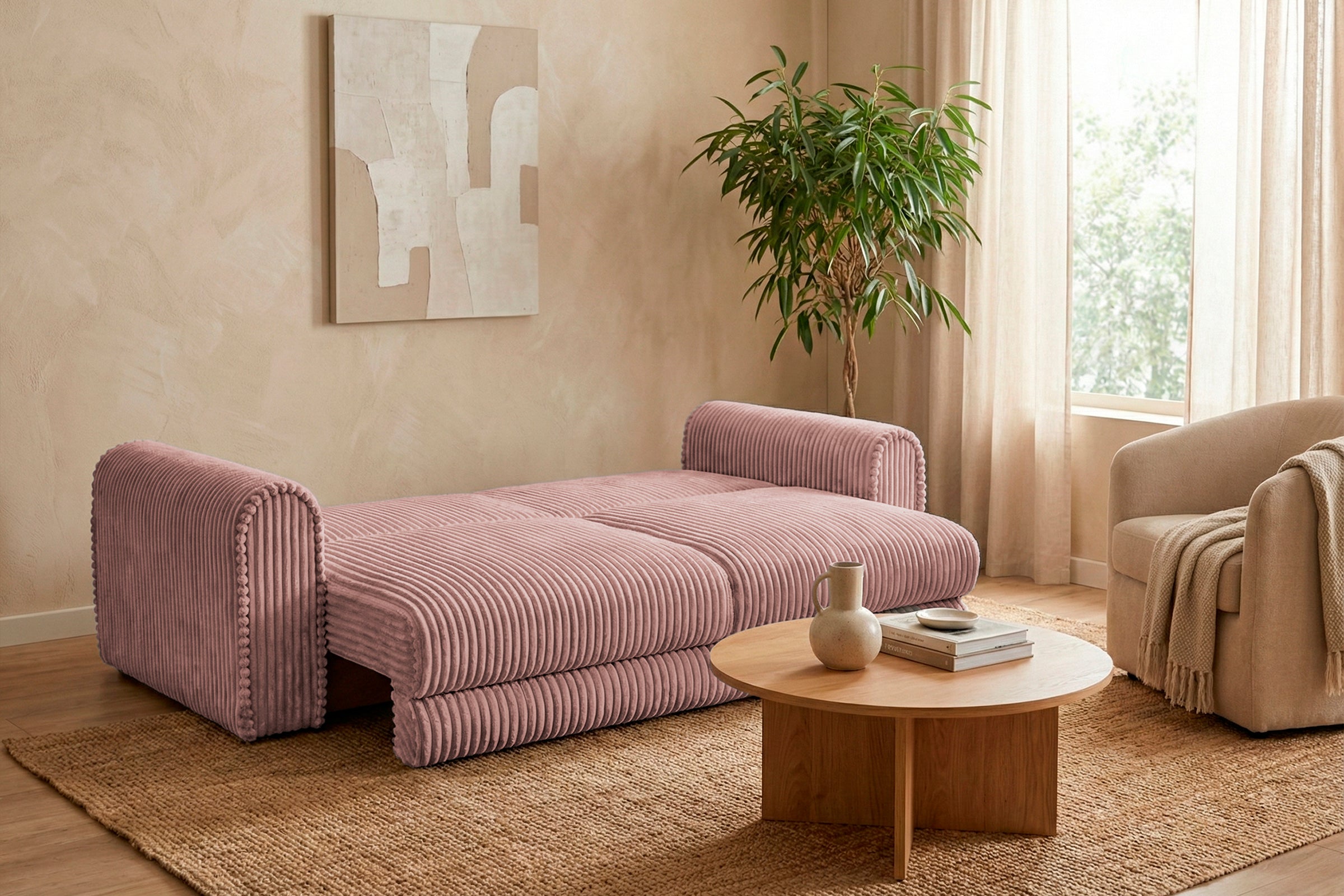 Canapea Extensibilă 3 locuri FELLINI, cu ladă depozitare, 243x108x90 cm, #color_Roz-Tilia