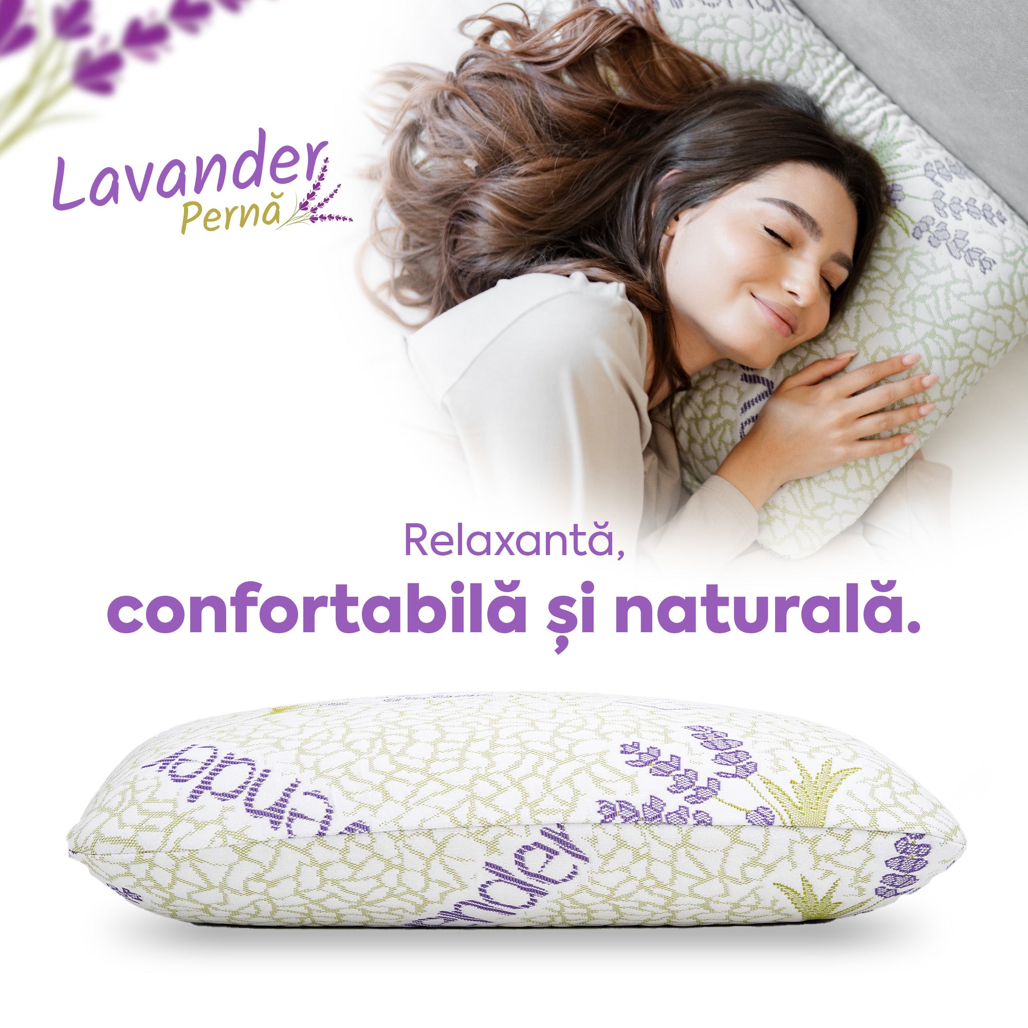 Pernă Lavander Therapy, din spumă cu memorie flexibilă, husă detașabilă și lavabilă, 60x40x15 cm - Prestige Home