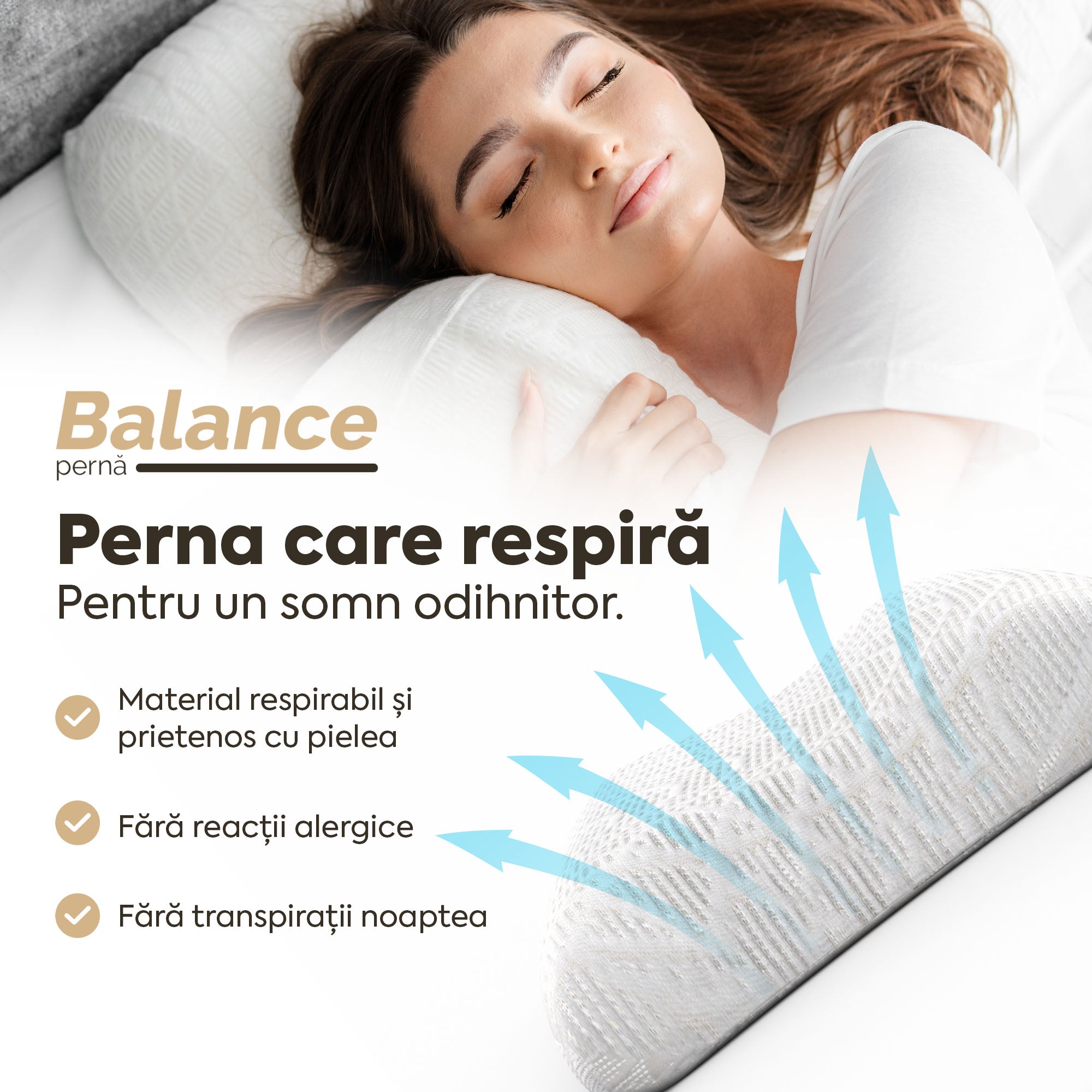 Pernă anatomică Balance, din spumă cu memorie Viscolex și husă detașabilă cu sistem de ventilație al aerului, 60x38x10 cm - Prestige Home