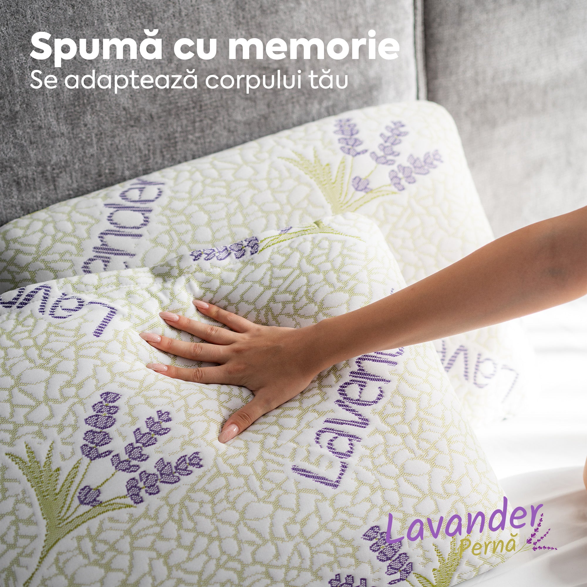 Pernă Lavander Therapy, din spumă cu memorie flexibilă, husă detașabilă și lavabilă, 60x40x15 cm - Prestige Home