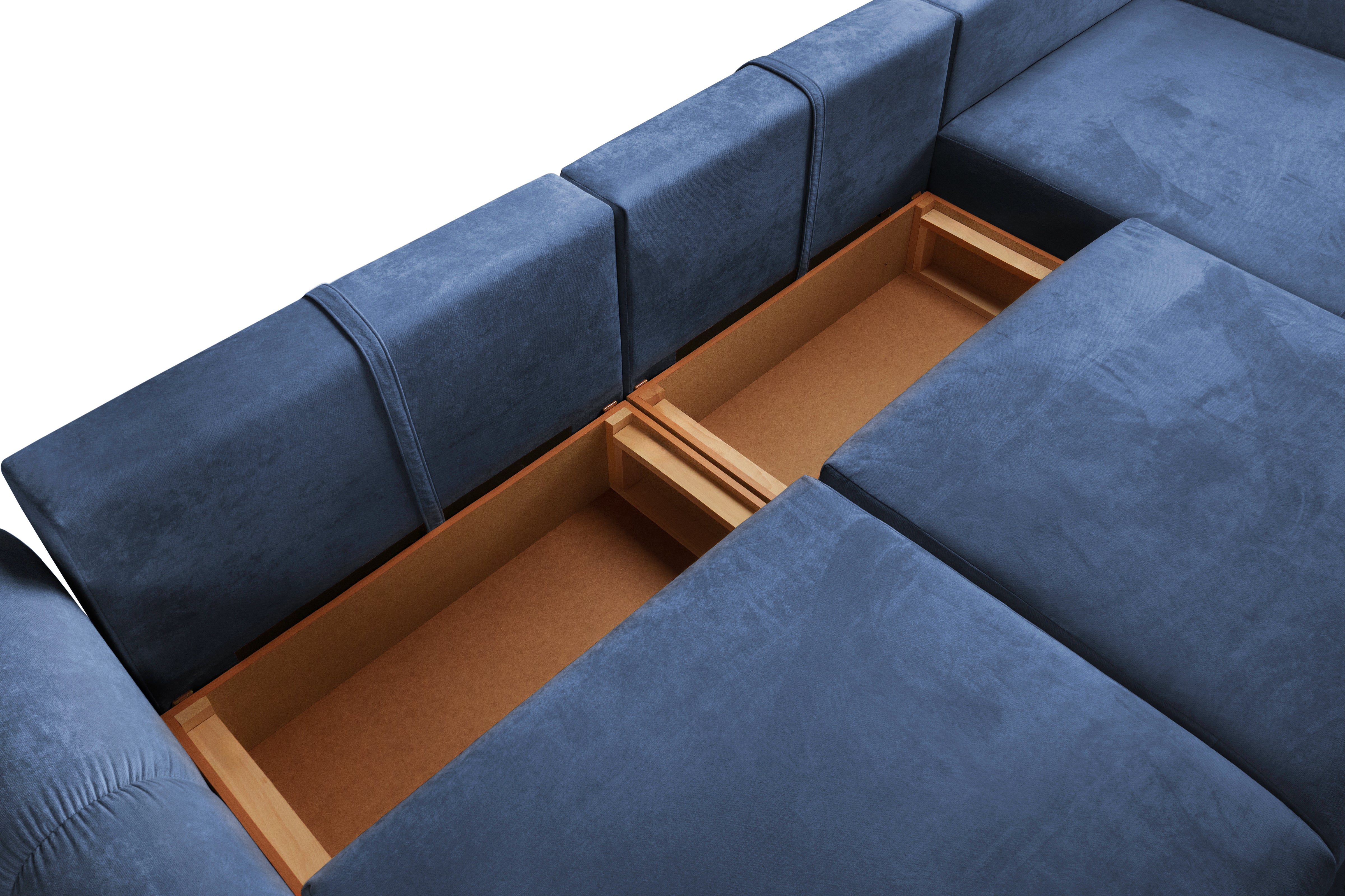 Colțar Extensibil GEORGIA, cu 2 lăzi depozitare, șezlong interschimbabil, 348x190x87 cm, #color_Albastru-Havana