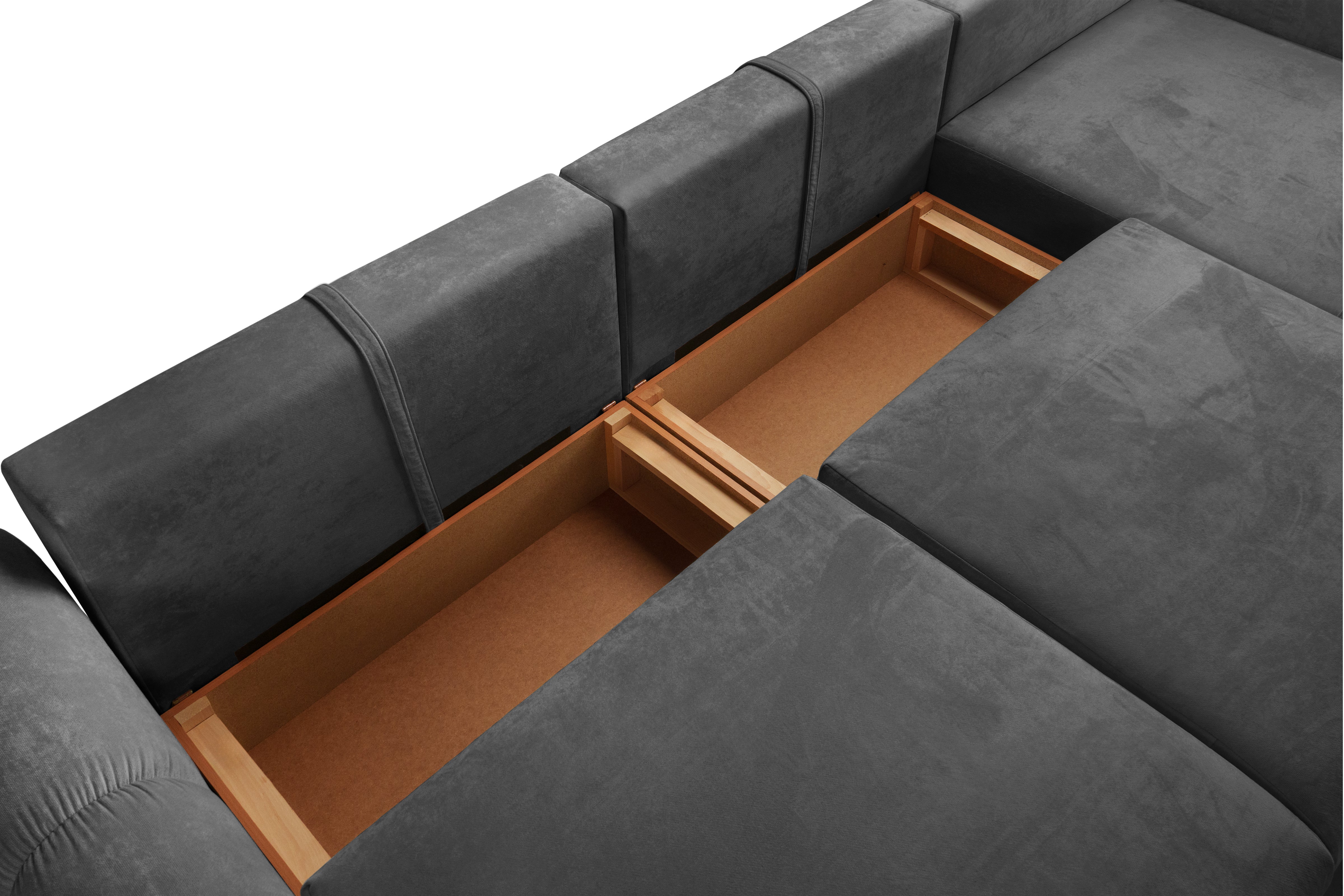 Colțar Extensibil GEORGIA, cu 2 lăzi depozitare, șezlong interschimbabil, 348x190x87 cm, #color_Gri-Inchis-Havana