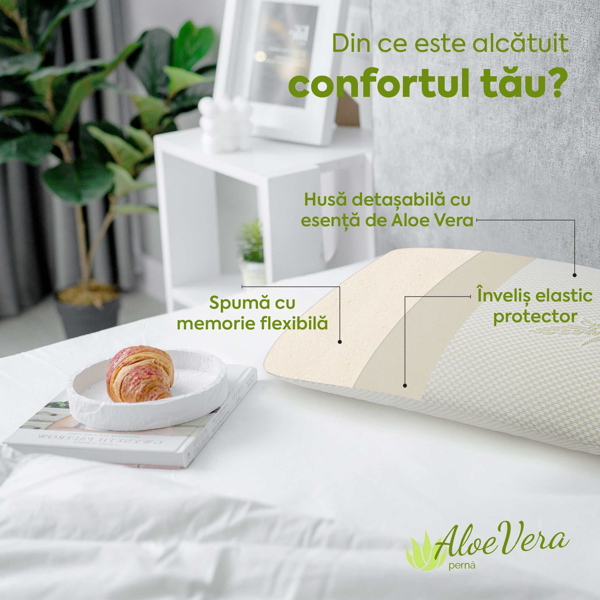 Pernă Aloe Vera Therapy, din spumă cu memorie flexibilă, husă detașabilă și lavabilă, 60x40x15 cm - Prestige Home