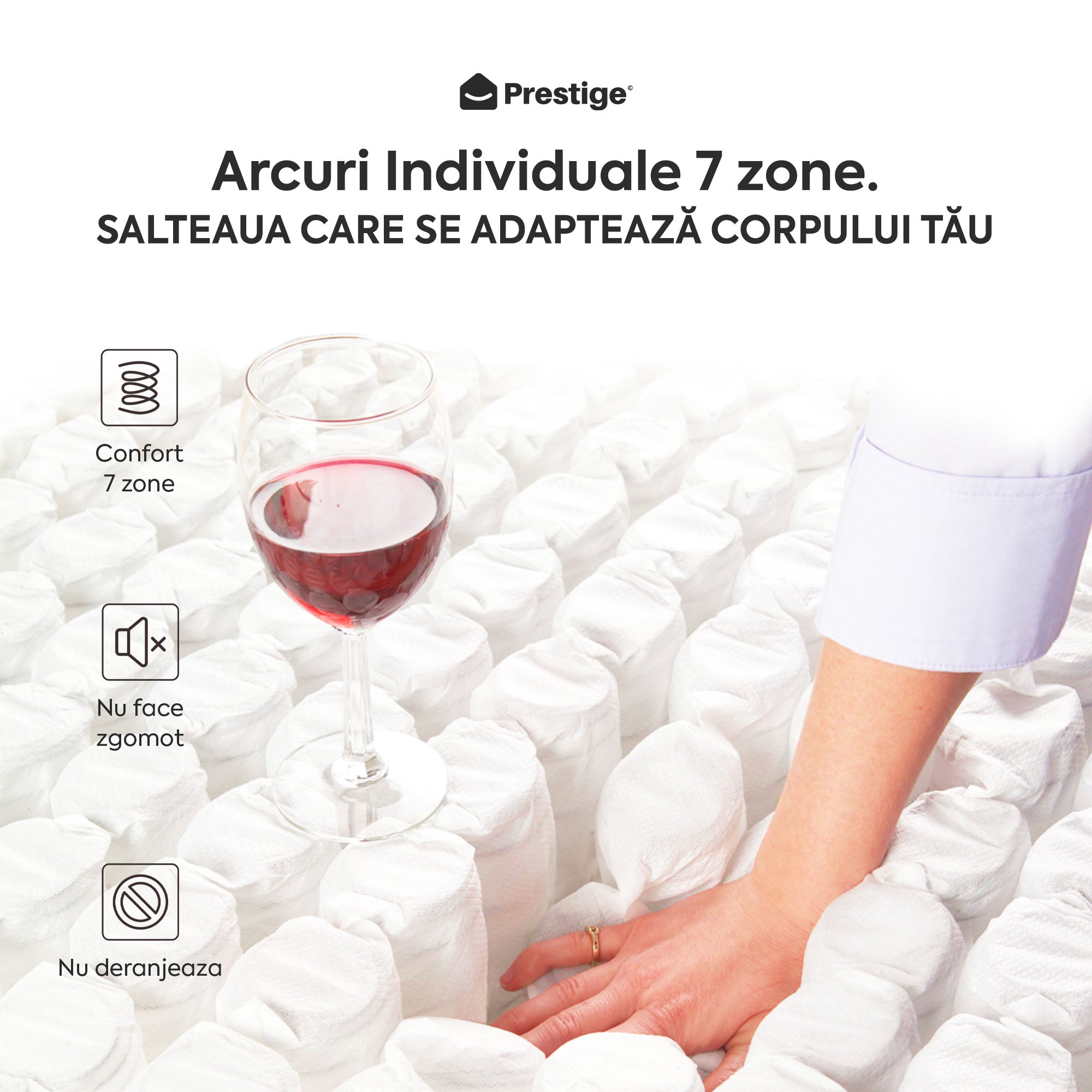 ZERO GRAVITY, 7 zone de confort, Arcuri Individuale, spumă poliuretanică elastică, spumă cu memorie, husă cu efect antialergic, superortopedică, Grosime 27 cm  - Prestige Home