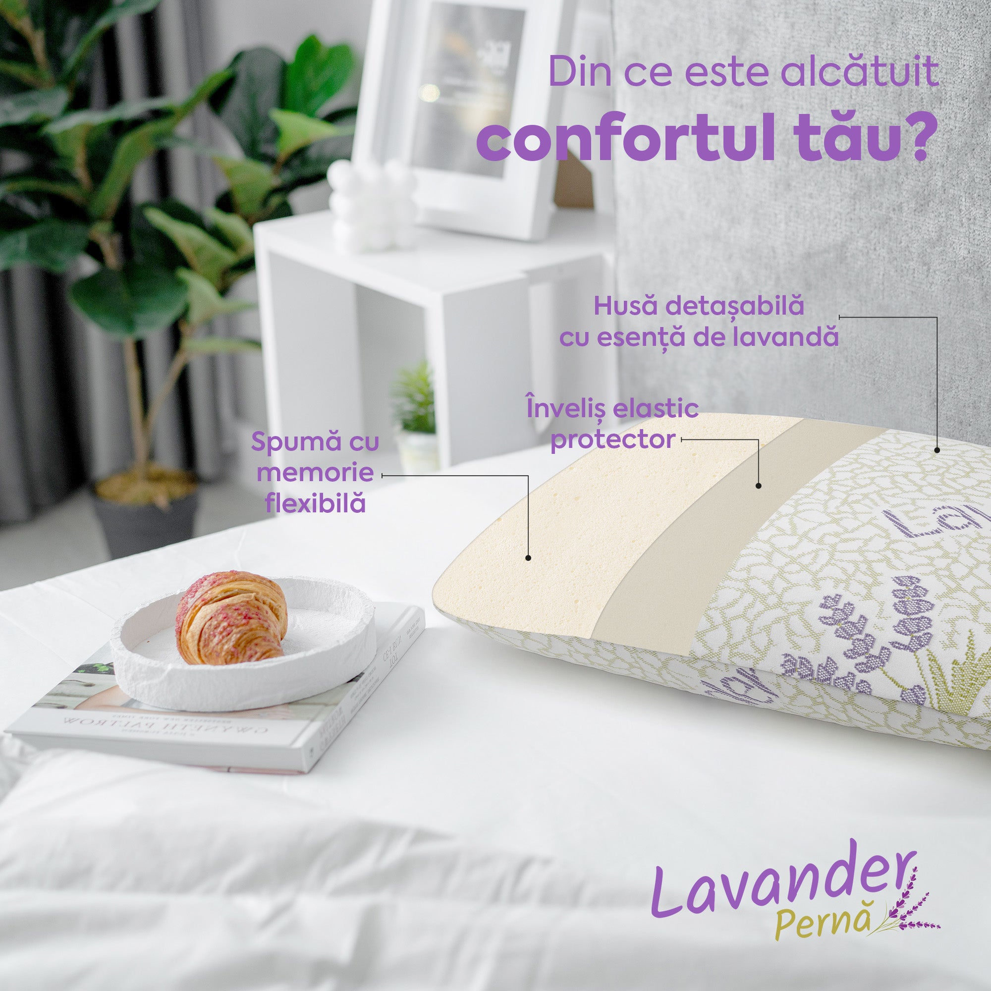 Pernă Lavander Therapy, din spumă cu memorie flexibilă, husă detașabilă și lavabilă, 60x40x15 cm - Prestige Home