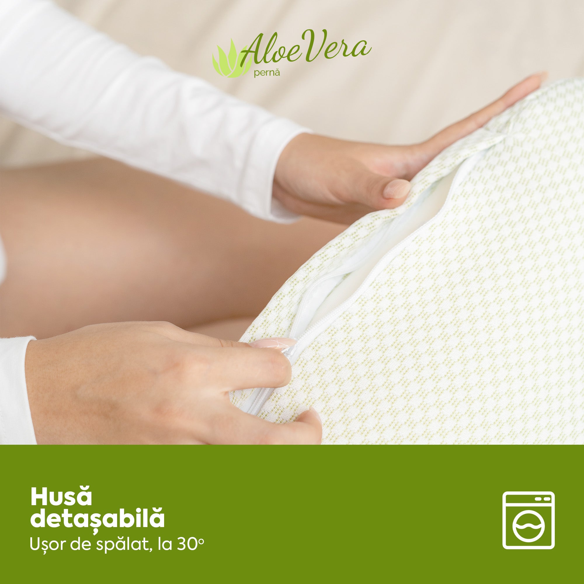 Pernă Aloe Vera Therapy, din spumă cu memorie flexibilă, husă detașabilă și lavabilă, 60x40x15 cm - Prestige Home