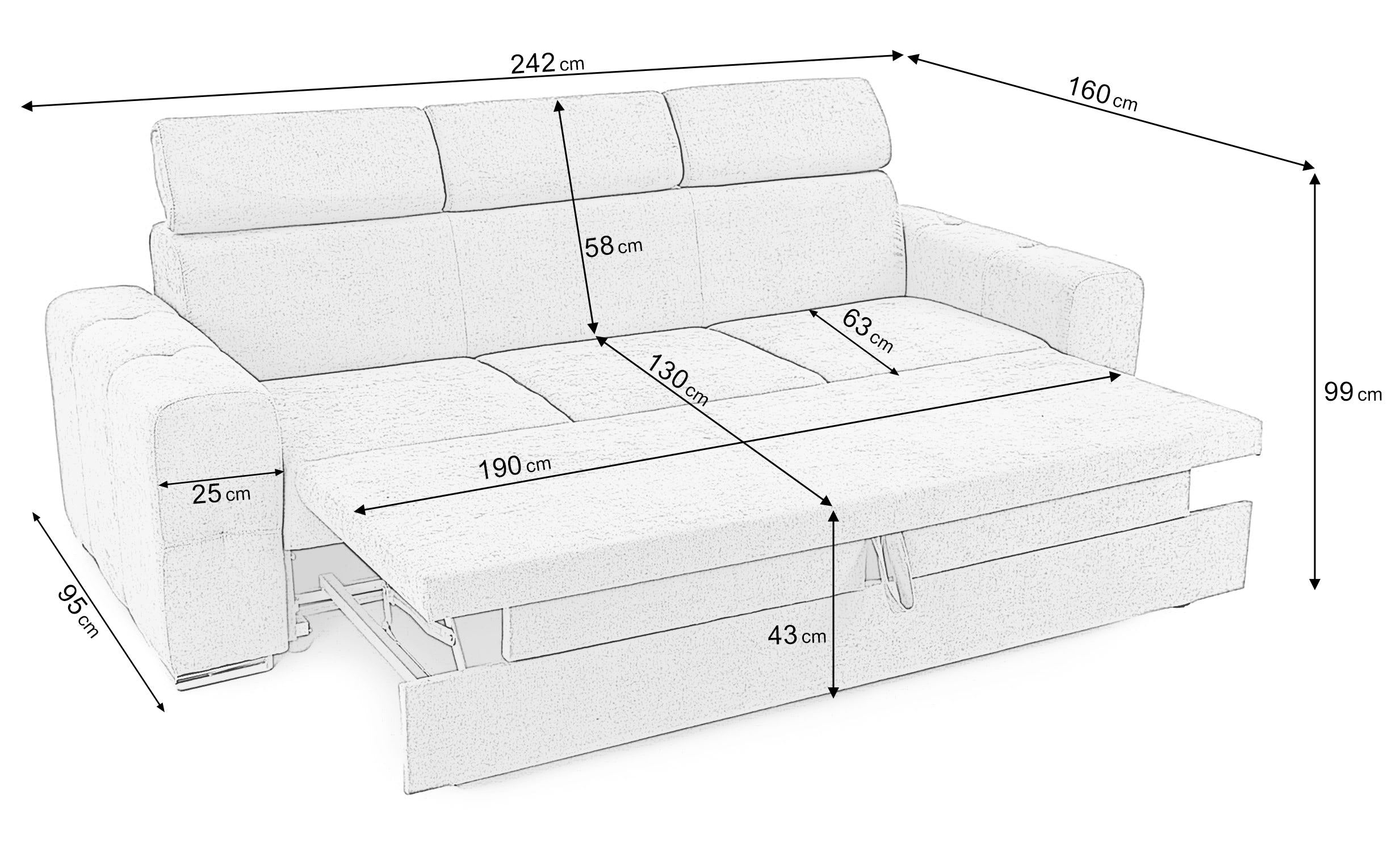 Canapea Extensibilă 3 locuri BELLAGIO, cu tetiere reglabile, 242x95x99 cm