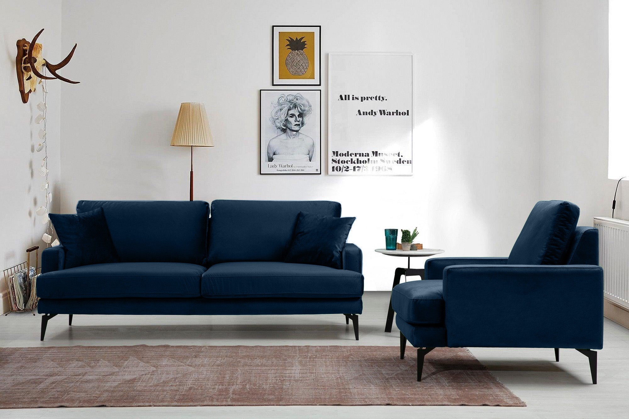 Canapea Fixă AZURRO, 2 locuri, 175x90x85 cm - Prestigehome.ro - Canapea - Prestige #color_Velutto-Albastru