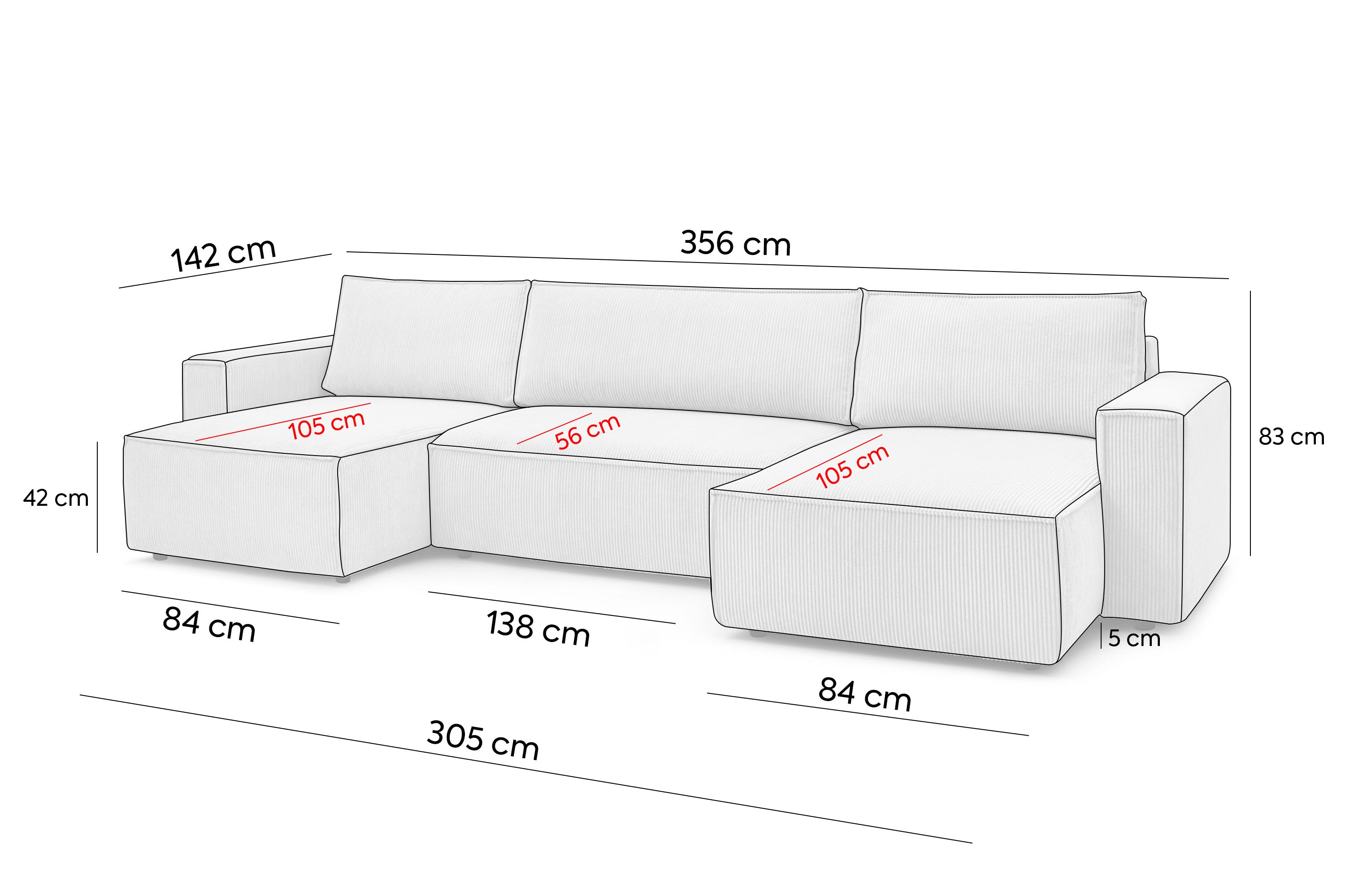 Colțar in formă de U Extensibil CLOUD, cu ladă de depozitare, 356x142x83cm