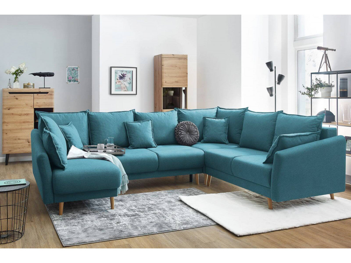 Colțar Panoramic Extensibil JULIET, cu ladă de depozitare, variante stânga/dreapta, 316x246x95 cm - Prestigehome.ro - Canapea - Prestige #color_Turcoaz-Como