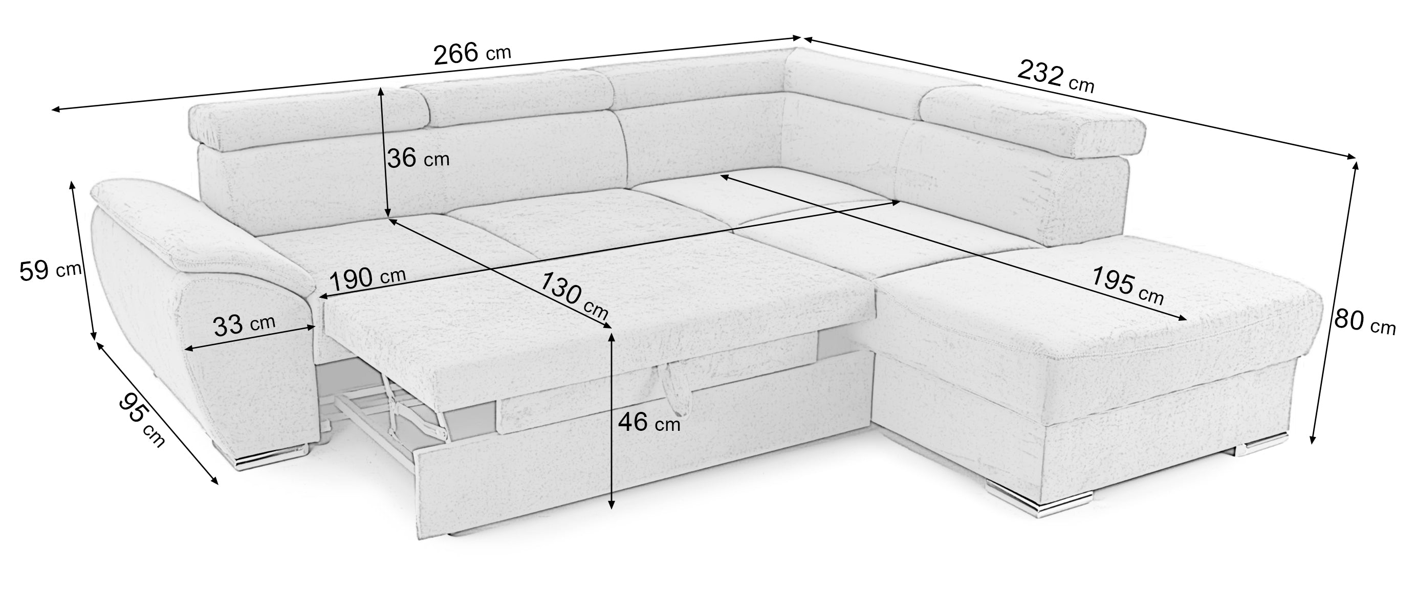 Colțar Extensibil CUBA, cu tetiere reglabile, variante stânga/dreapta 266x232x80 cm - Prestige Home