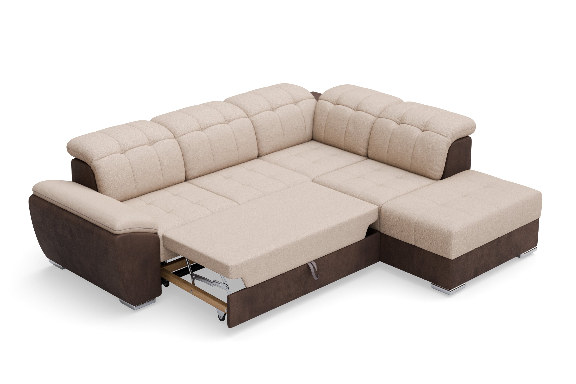 Colțar Extensibil ENZO, cu tetiere, varianta dreapta, 255x220x100 cm, Crem/Maro - Outlet