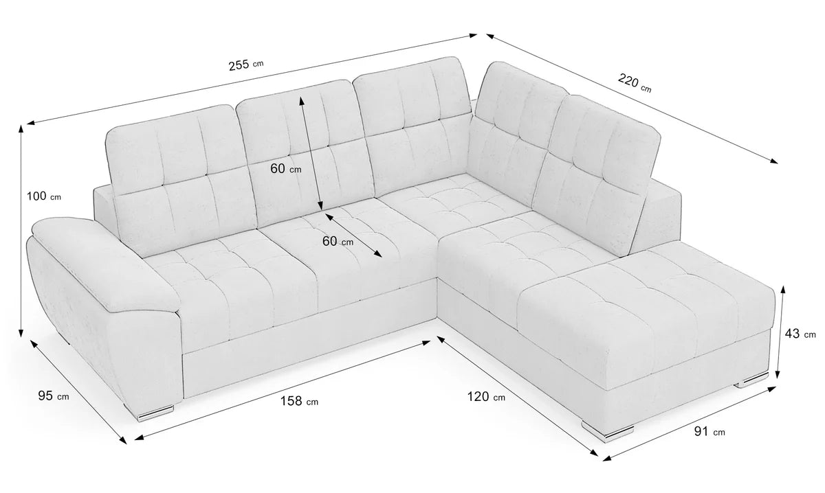Colțar Extensibil ENZO, cu tetiere, varianta dreapta, 255x220x100 cm, Crem/Maro - Outlet