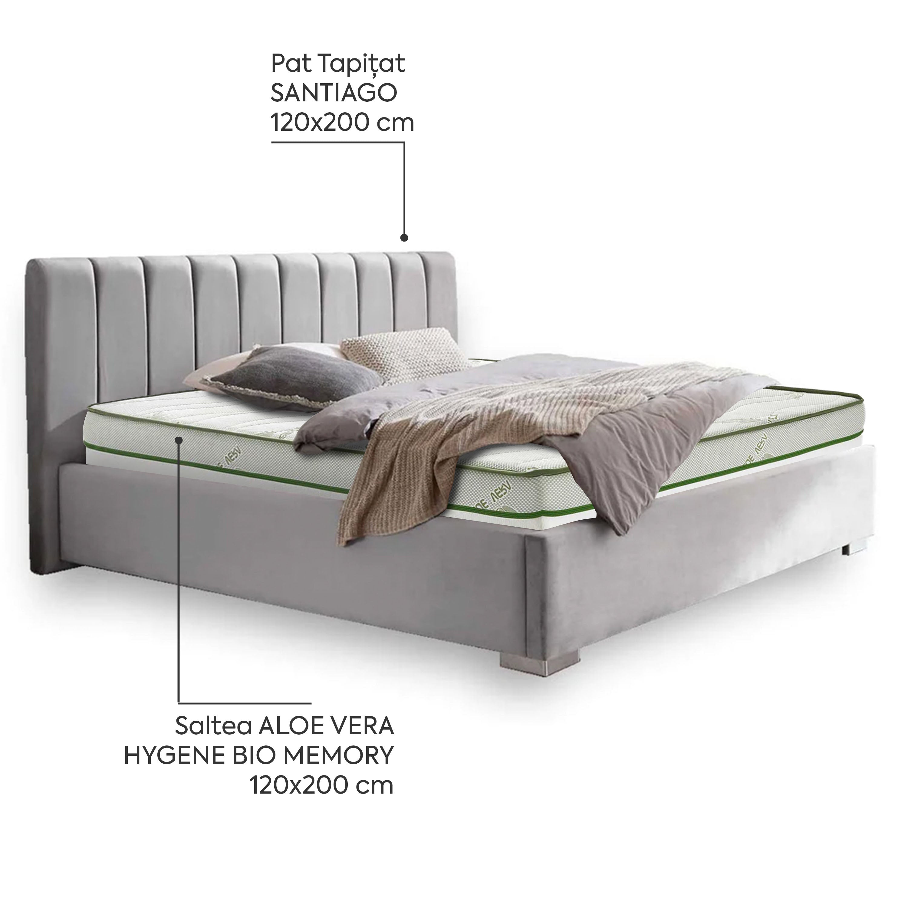 Pachet Pat + Saltea 120x200 Premium Single-Seturi Paturi + Saltele-Prestige Home-Swing-Gri-Prestige Home