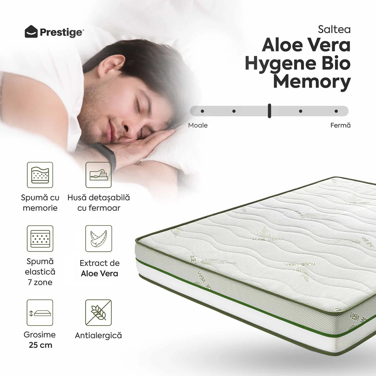 Saltea ALOE VERA HYGENE BIO MEMORY 18+5, 7 zone de confort, spumă poliuretanică elastică, spumă cu memorie, husă detașabilă cu fermoar, lavabilă, superortopedică, Grosime 25 cm - Prestige Home