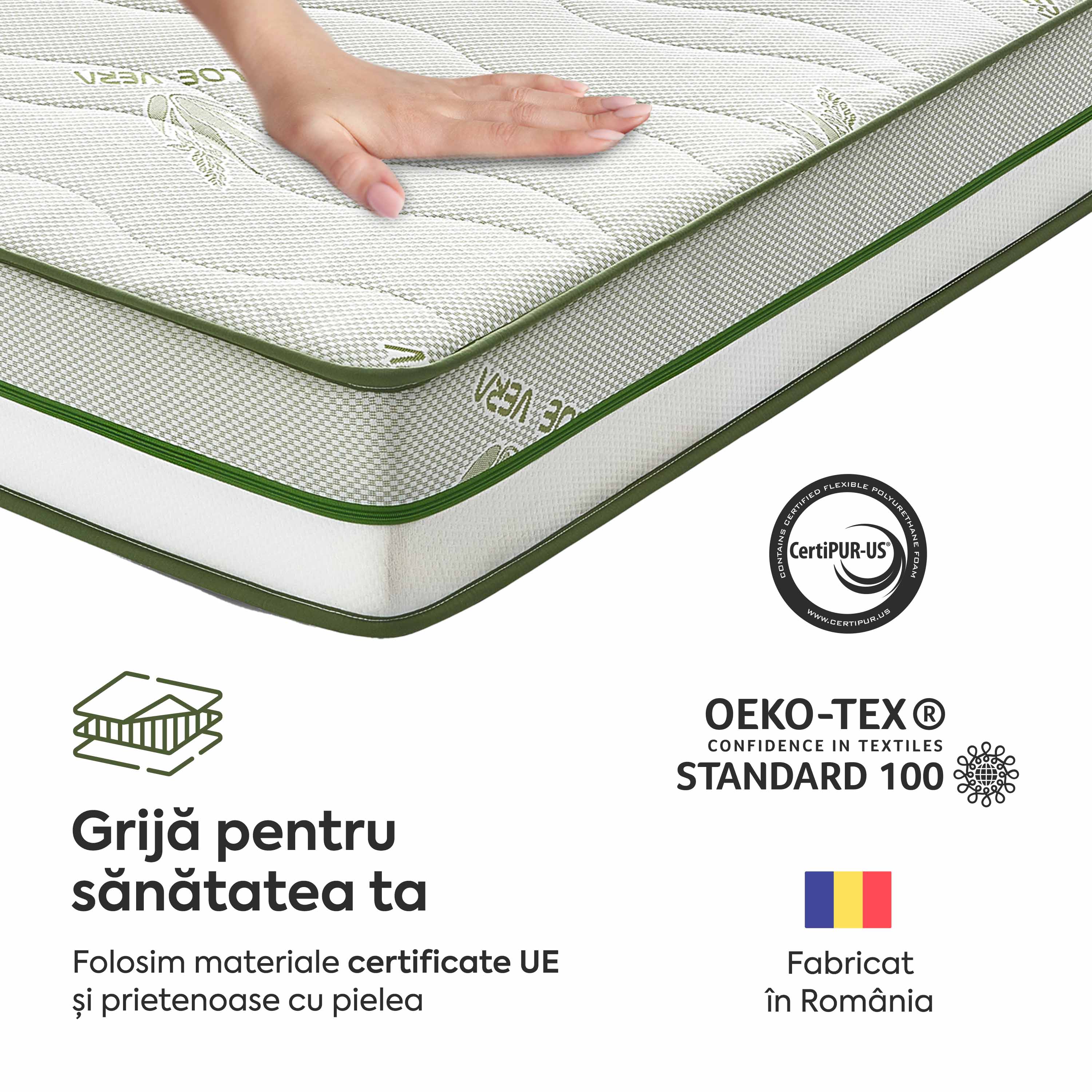 Saltea ALOE VERA HYGENE BIO MEMORY 18+5, 7 zone de confort, spumă poliuretanică elastică, spumă cu memorie, husă detașabilă cu fermoar, lavabilă, superortopedică, Grosime 25 cm - Prestige Home