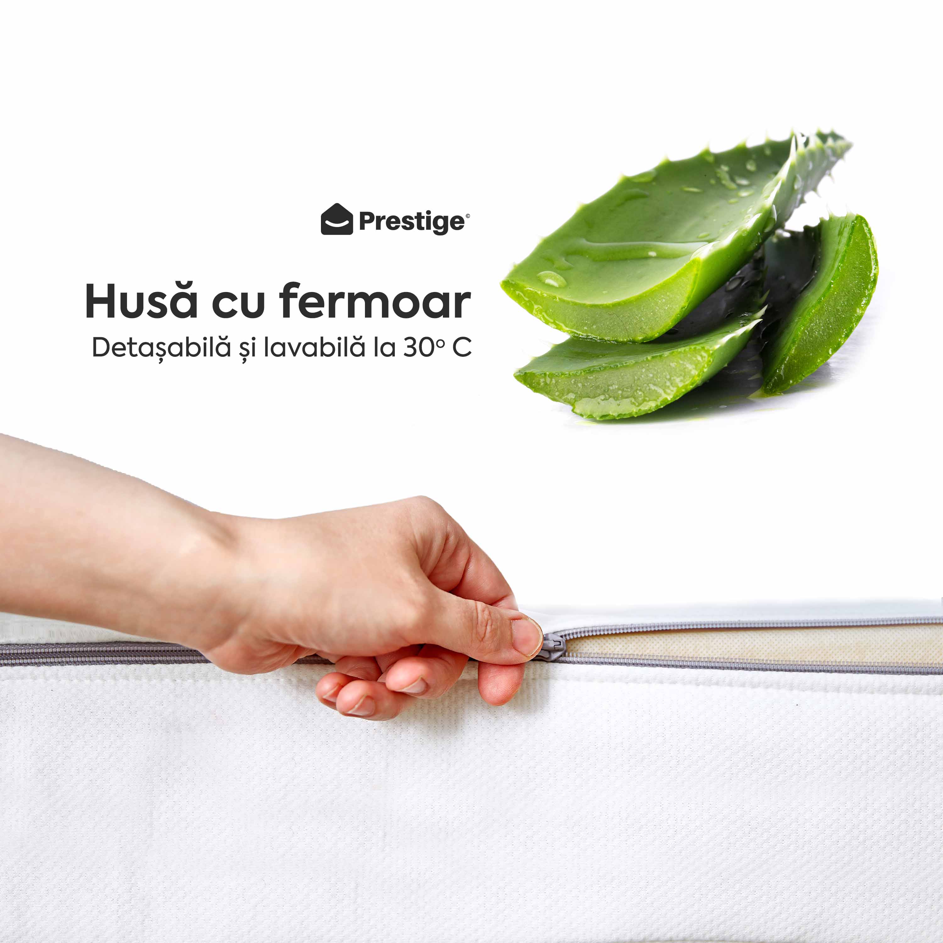 Saltea ALOE VERA HYGENE BIO MEMORY 18+5, 7 zone de confort, spumă poliuretanică elastică, spumă cu memorie, husă detașabilă cu fermoar, lavabilă, superortopedică, Grosime 25 cm - Prestige Home
