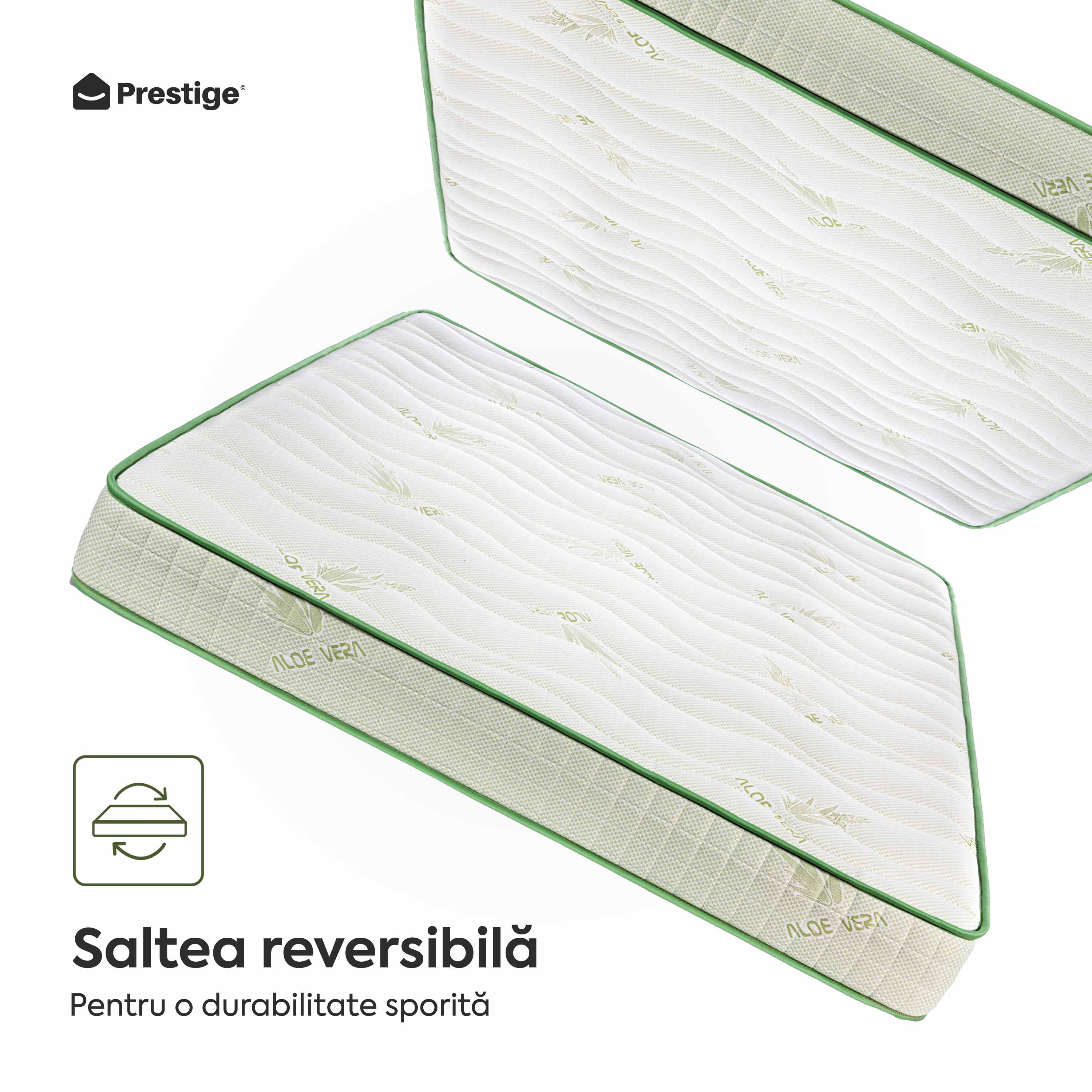 Saltea ALOE VERA THERAPY, spumă poliuretanică, reversibilă, hipoalergenică, super ortopedică, Grosime 19 cm - Prestige Home