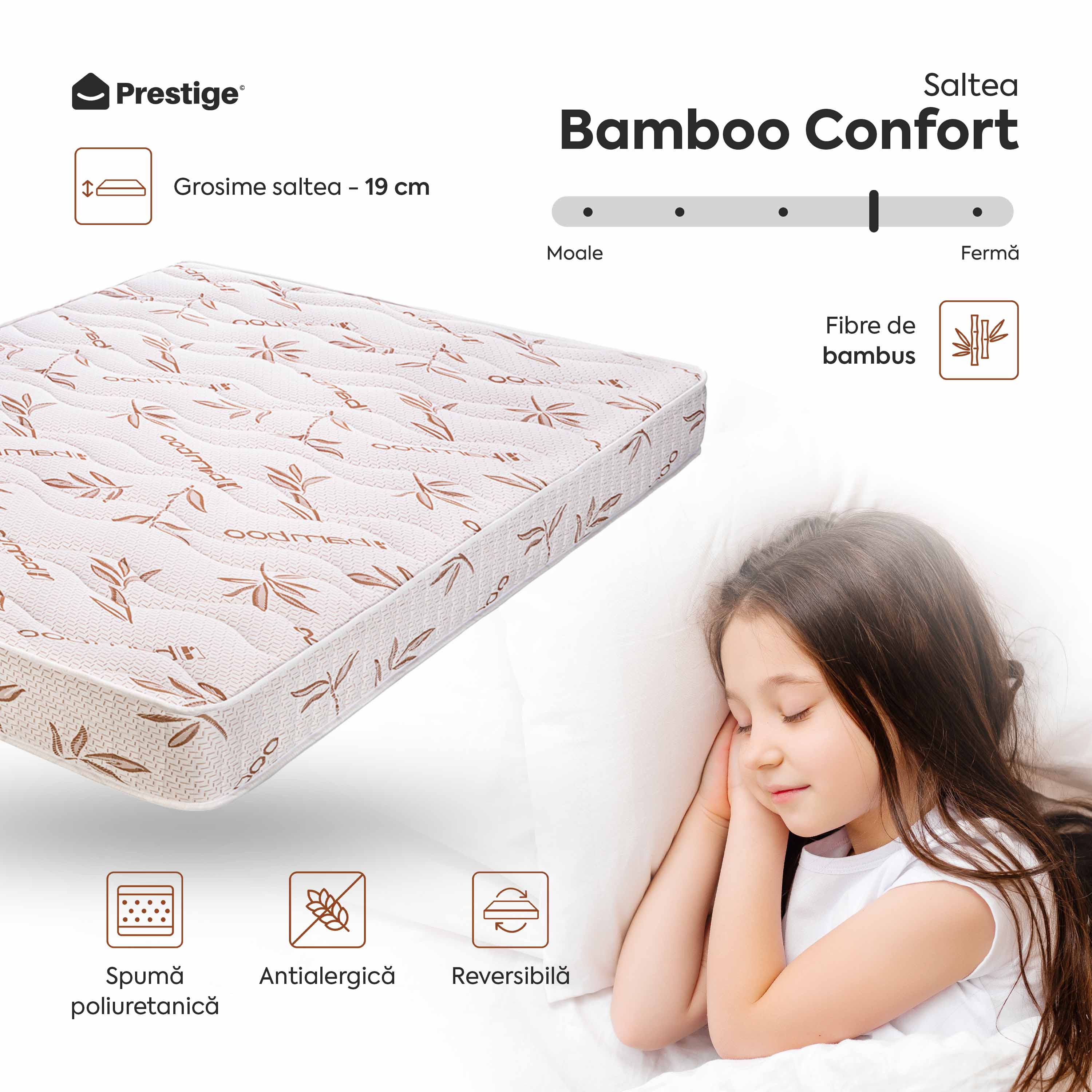 Saltea BAMBOO CONFORT, spumă poliuretanică, reversibilă, hipoalergenică, super ortopedică, Grosime 19 cm - Prestige Home