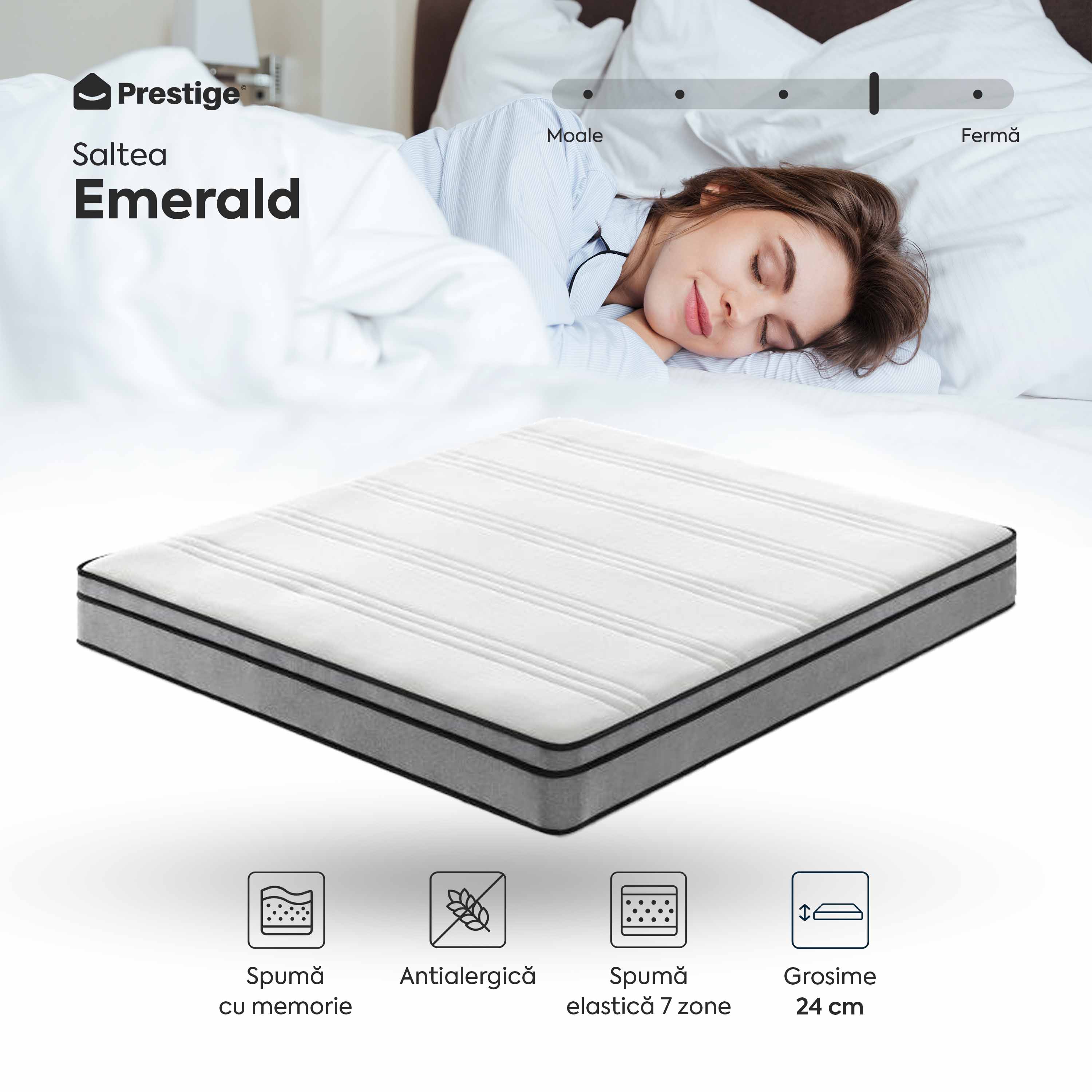 Saltea EMERALD, 18+5 Memory, spumă poliuretanică elastică, spumă cu memorie, husă cu efect antialergic, superortopedică, Grosime 24 cm - Prestige Home