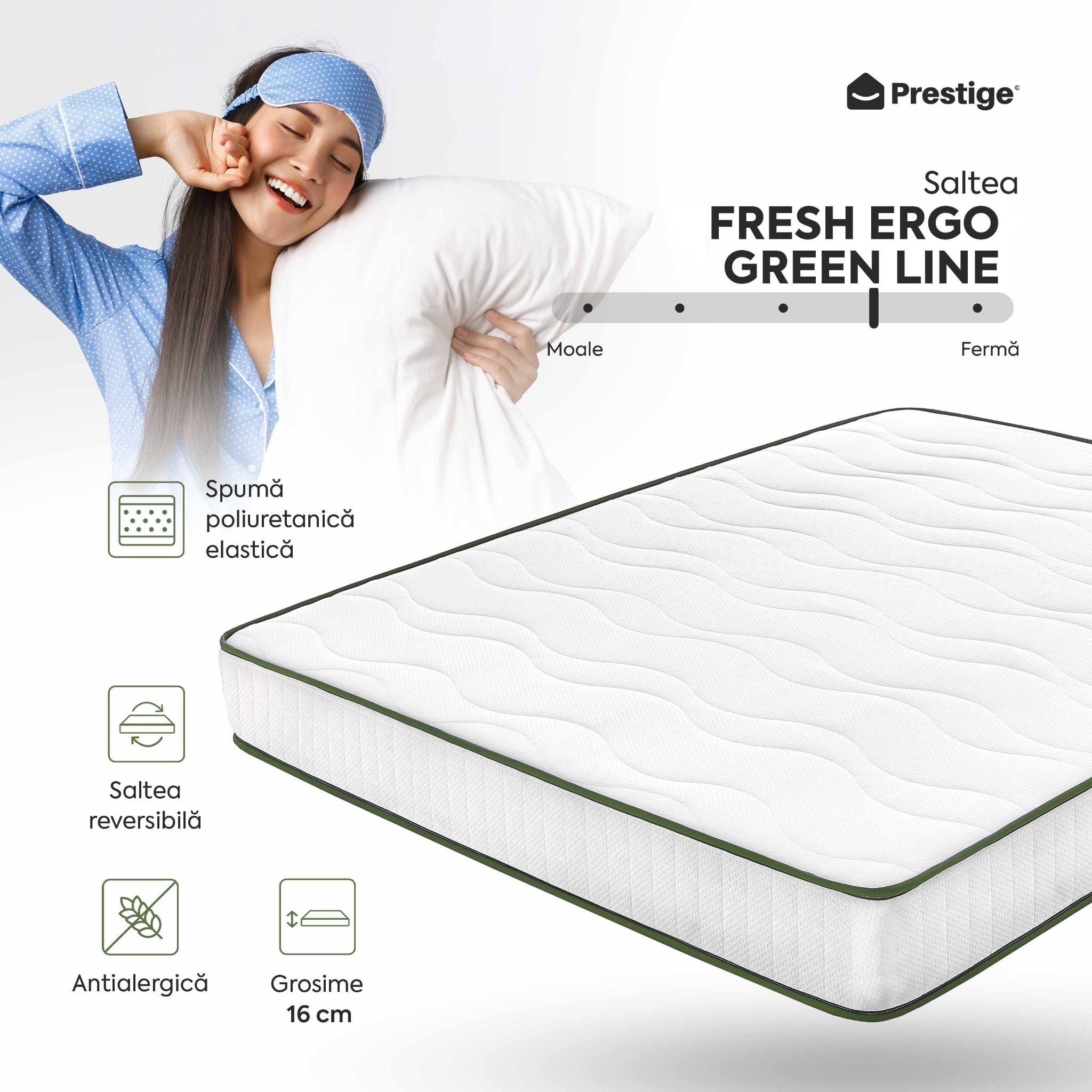 Saltea FRESH ERGO GREEN LINE, spumă poliuretanică, reversibilă, hipoalergenică, ortopedică, Grosime 16 cm - Prestige Home