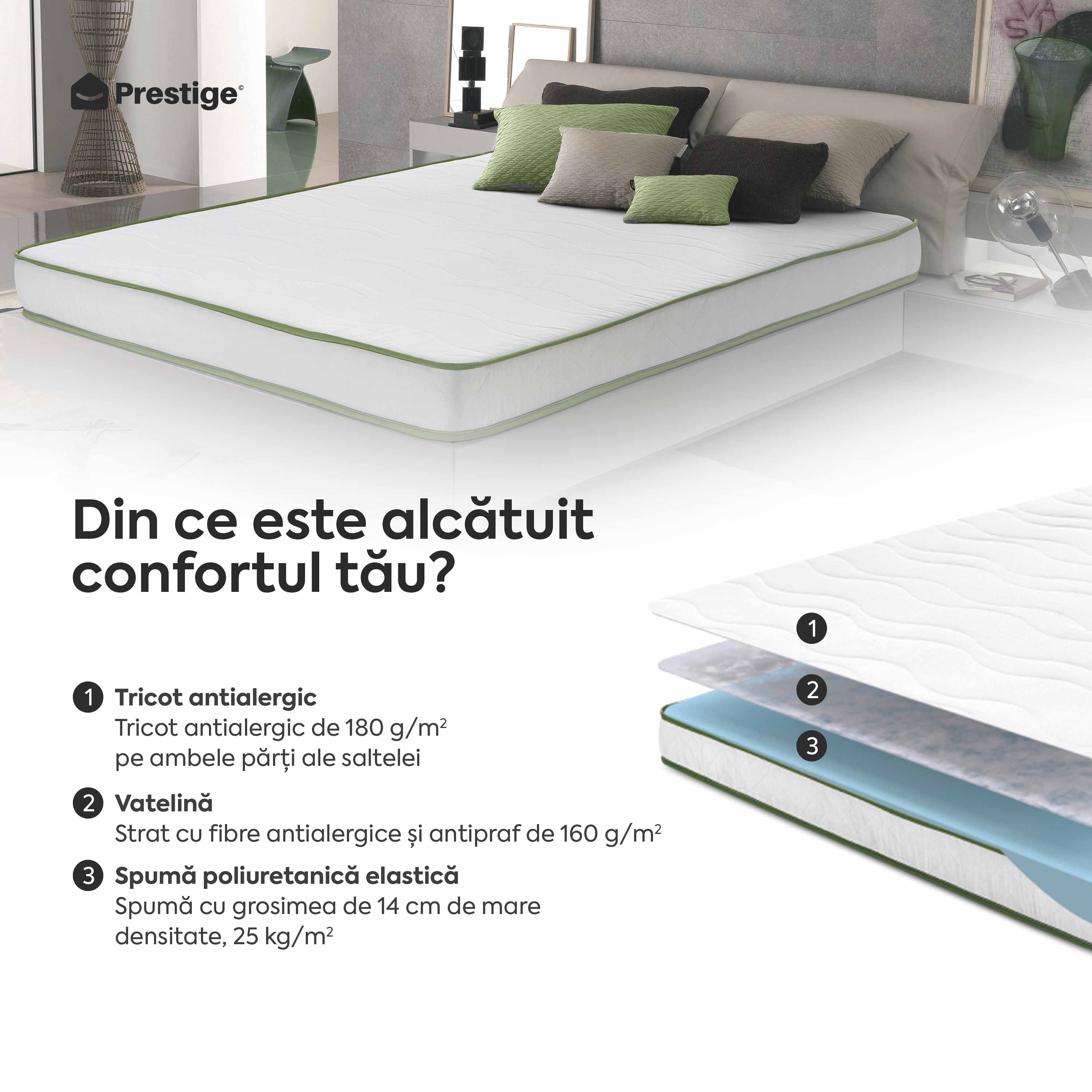 Saltea FRESH ERGO GREEN LINE, spumă poliuretanică, reversibilă, hipoalergenică, ortopedică, Grosime 16 cm - Prestige Home