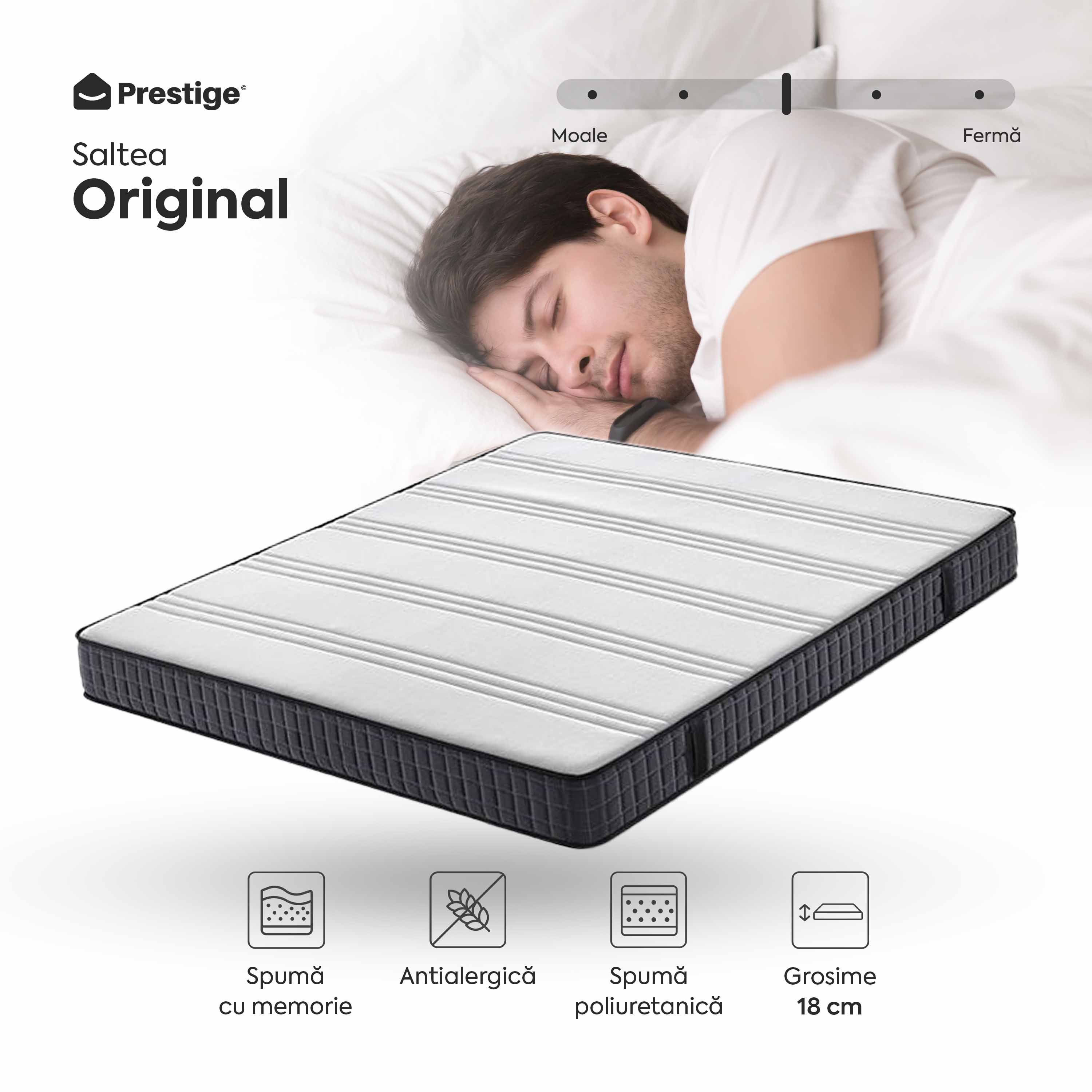 Saltea ORIGINAL, 14+2 Memory, spumă poliuretanică elastică, spumă cu memorie, husă antibacteriană, superortopedică, Grosime 18 cm - Prestige Home
