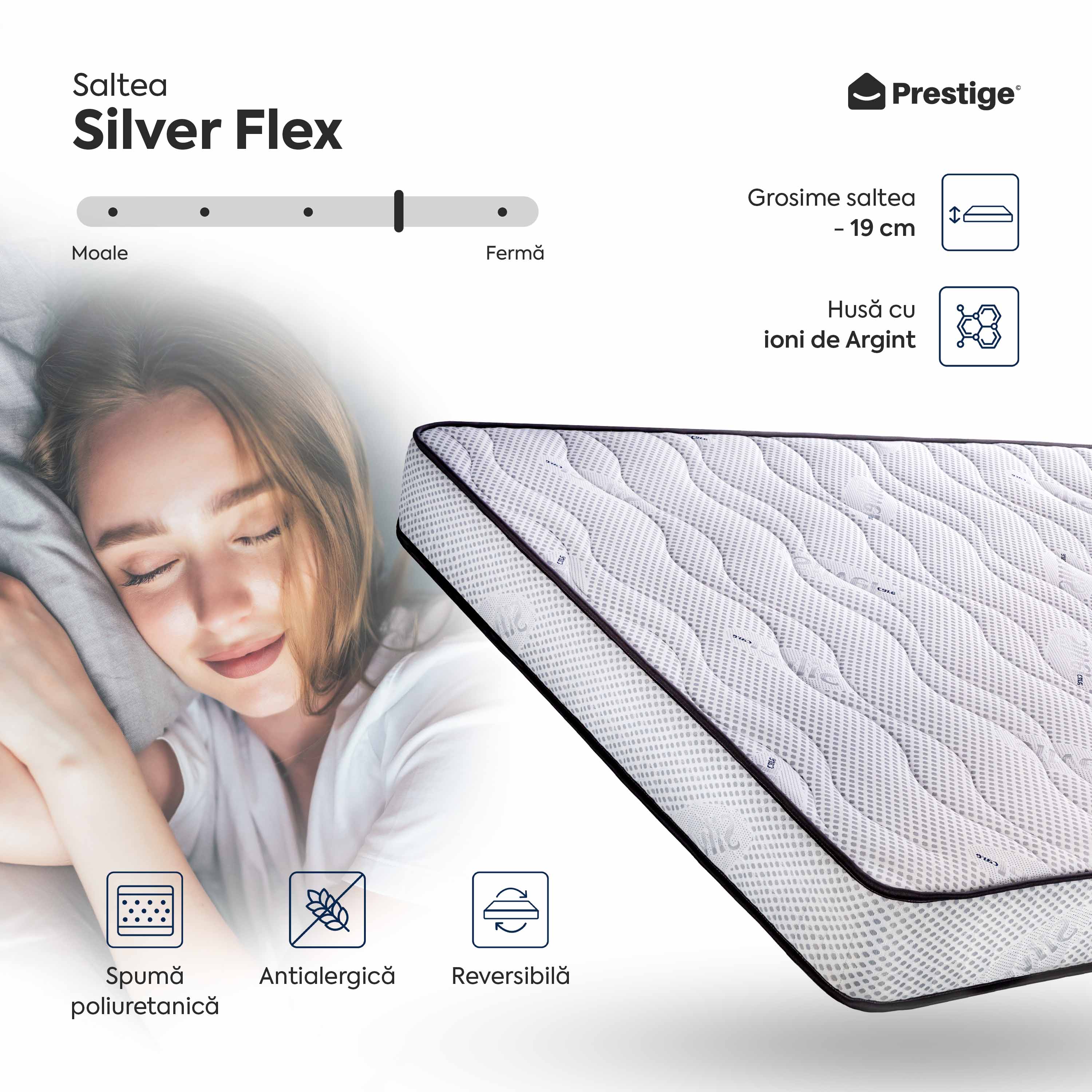 Saltea SILVER FLEX, spumă poliuretanică, reversibilă, hipoalergenică, super ortopedică, Grosime 19 cm - Prestige Home