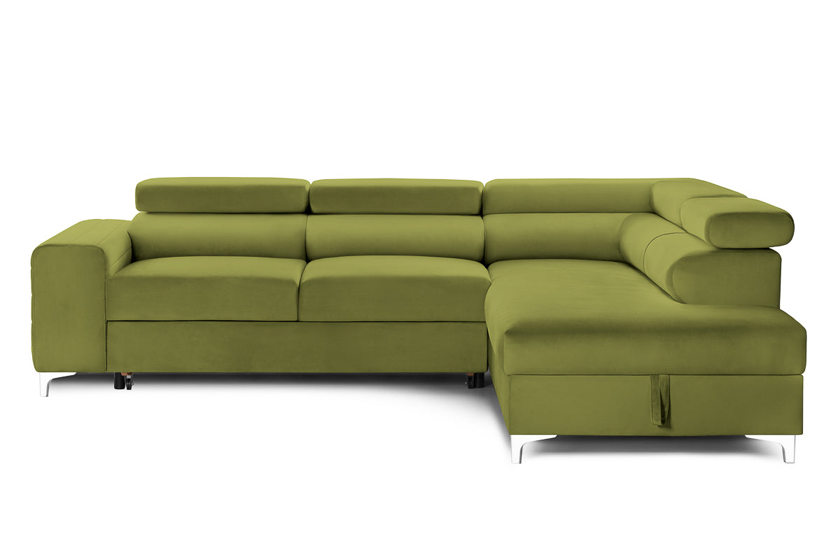 Colțar Extensibil TIME, cu lada depozitare, tetiere reglabile, 285x220x95 cm, #color_Verde-Olive-Velluto
